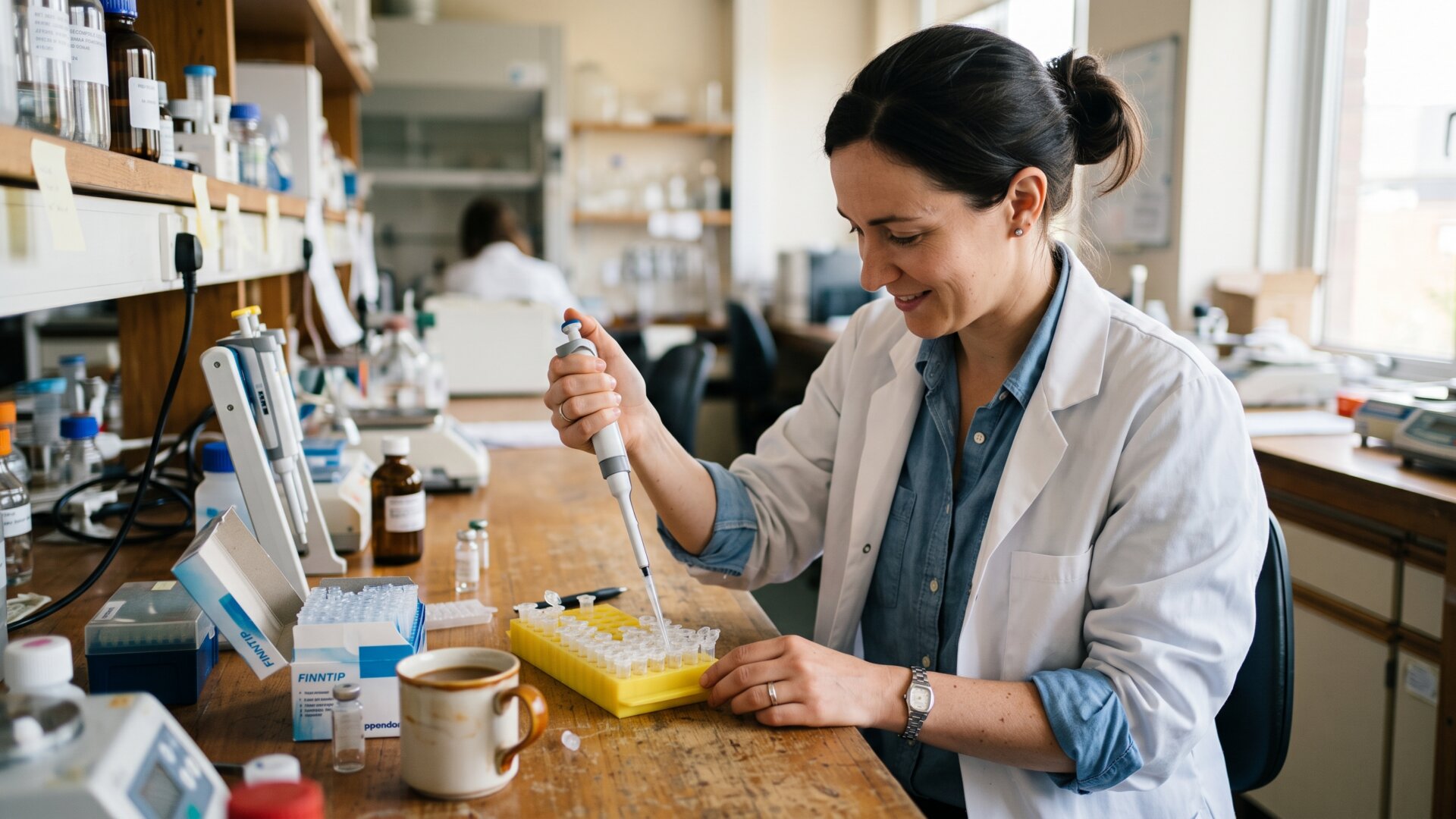 Hands pipetting at a bench, the RNA extraction step that slide 3 describes as how sewage becomes a measurement.