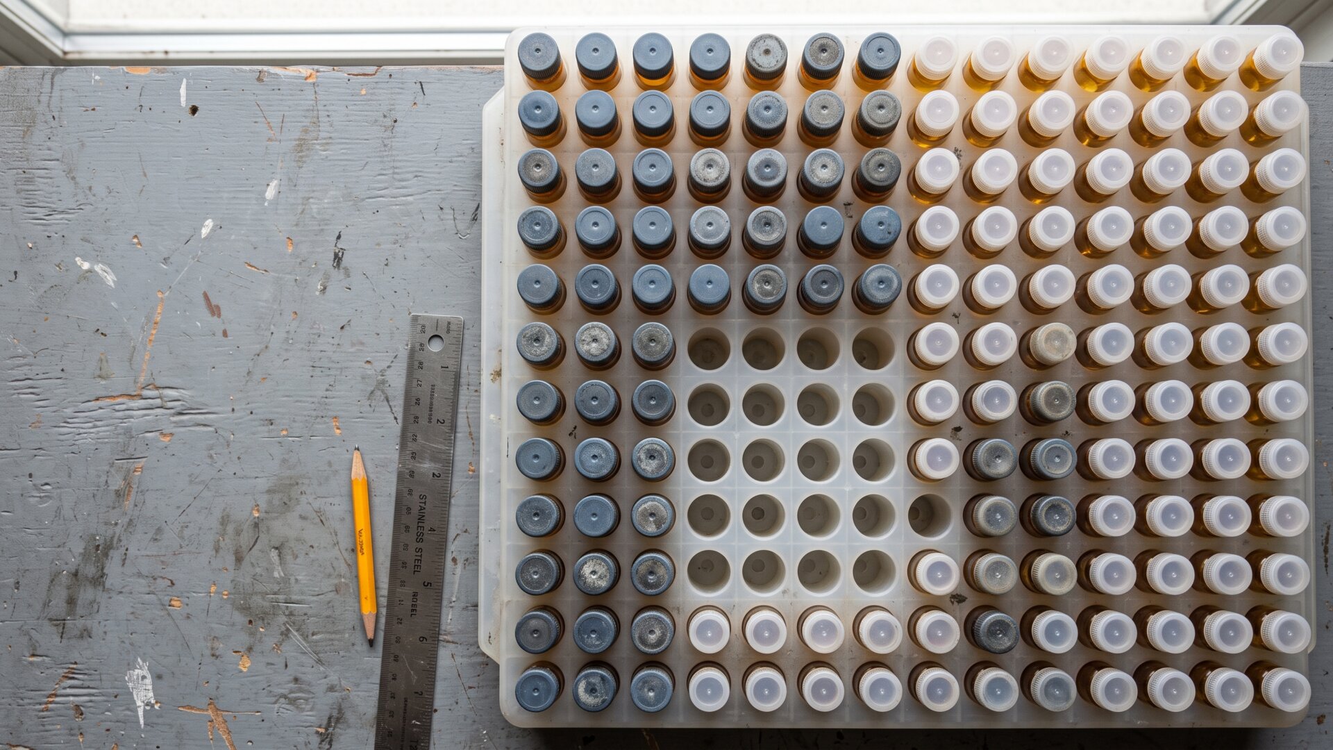 An overhead grid of sample vials with some caps marked and others plain, a physical analogue for the positivity share in slide 4.