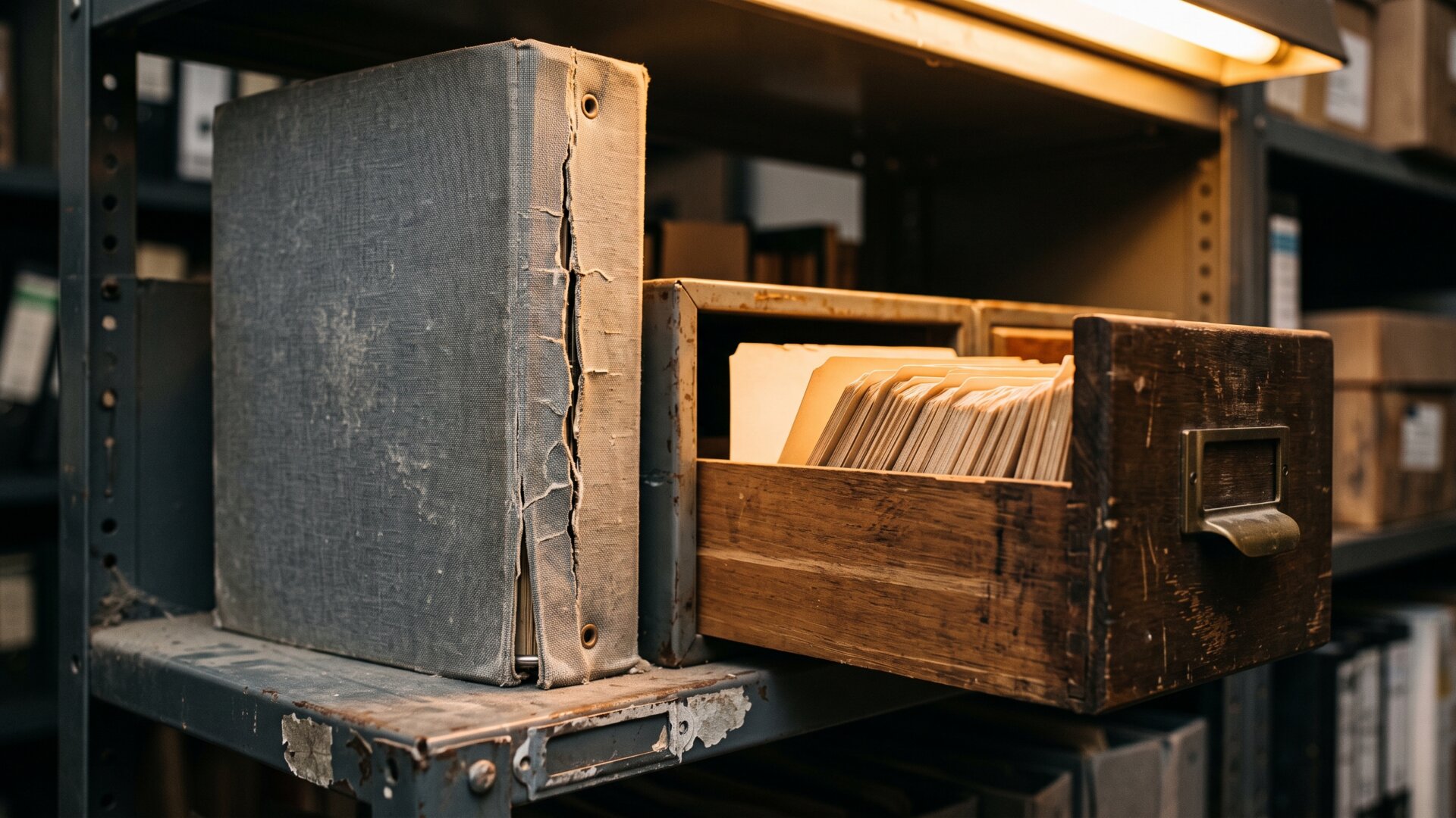 An aging reference binder and index cards on an archive shelf, standing for the 2009 lineage that slide 5 traces forward.