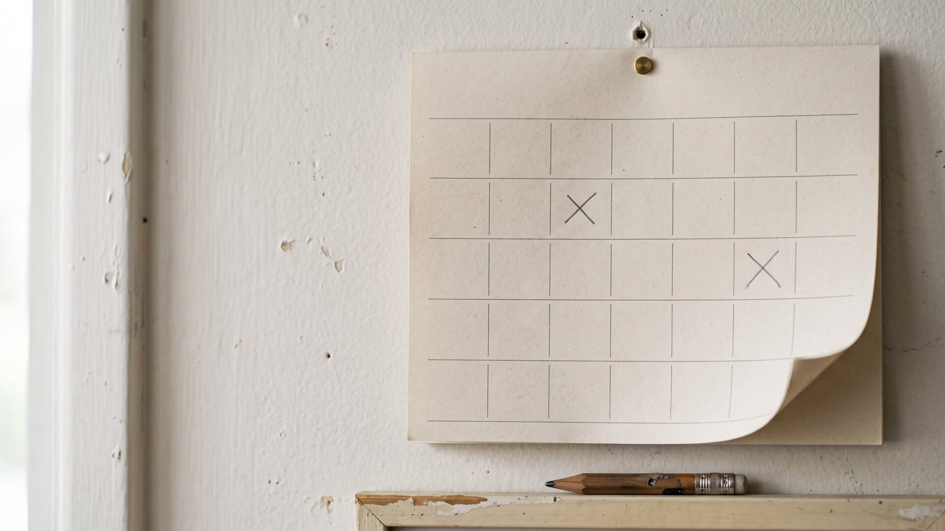 A paper wall calendar with two pencil marks weeks apart, the dosing and antibody intervals described in slide 7.