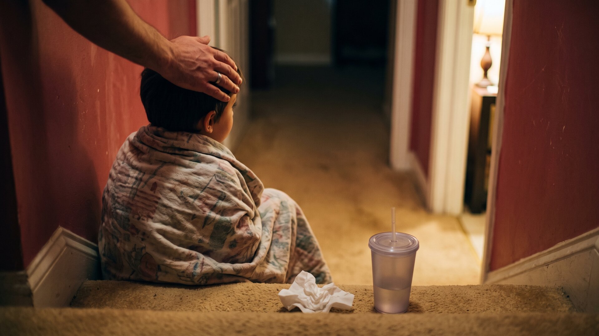 A caregiver's hand on a child's forehead in a home hallway, the early-recognition moment slide 8 describes, with no face shown.