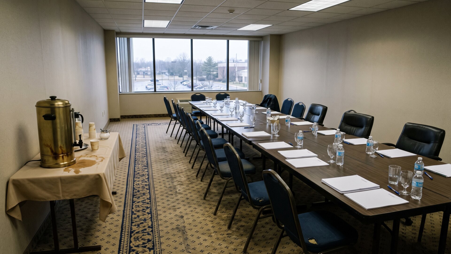 An empty conference room mid-session with stacked paper handouts, the joint guidance process behind slide 9.