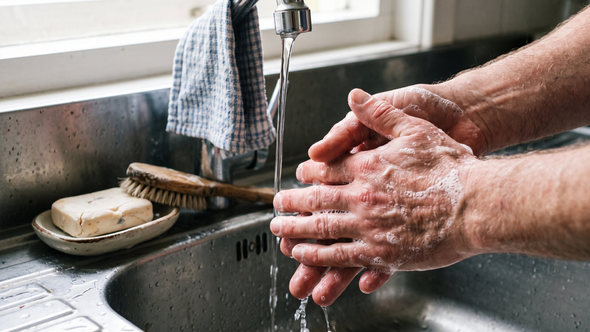 A kitchen sink mid-handwashing, the plainest of the prevention measures slide 10 lists.