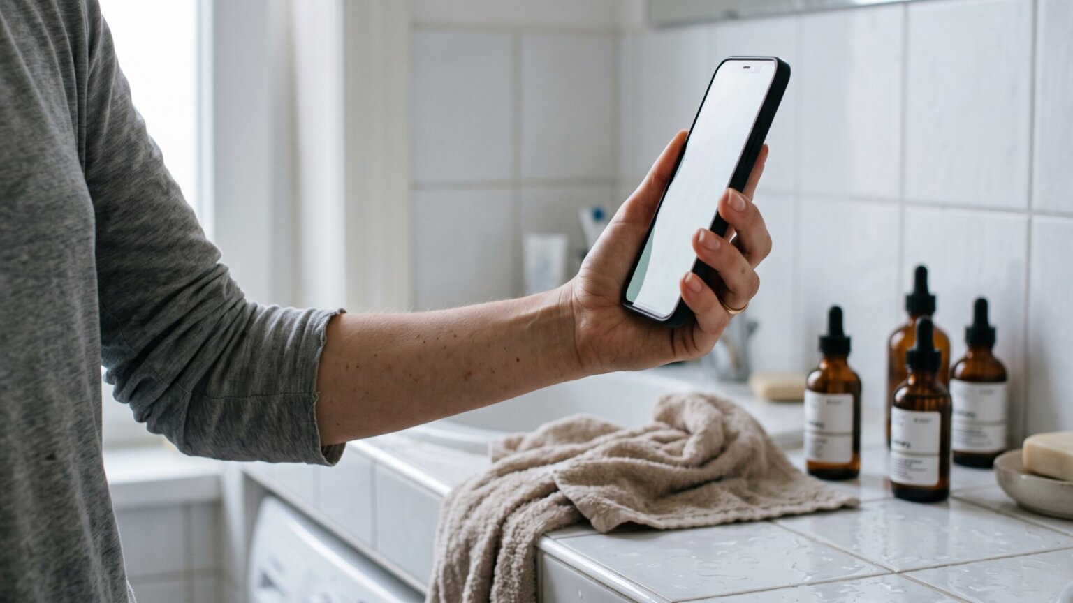 A hand holding a phone at arm's length in a bathroom, screen turned away and unreadable, with skincare bottles on the counter behind it, standing for the gap between what a video shows and what it leaves out.