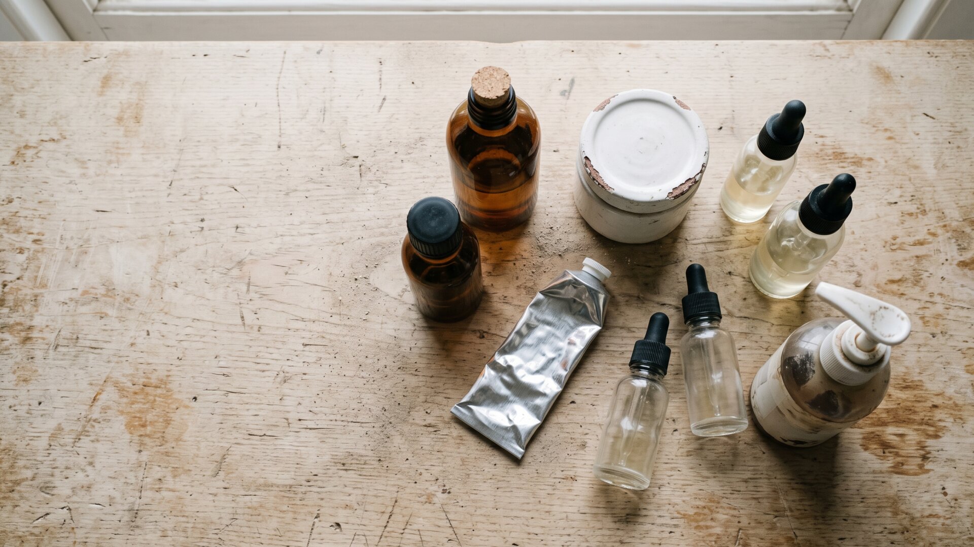 A plain counter arrangement of mismatched skincare containers of different sizes and materials, standing for the slide's point that routines differ by person rather than coming as one set.