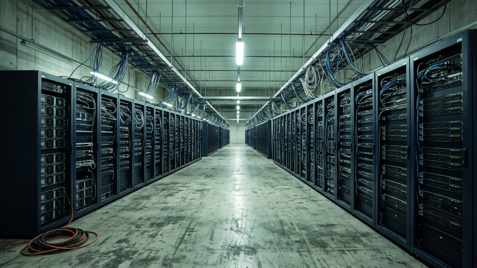 A wide server room interior, standing for the scale argument TikTok makes in this slide about 100 million daily posts.