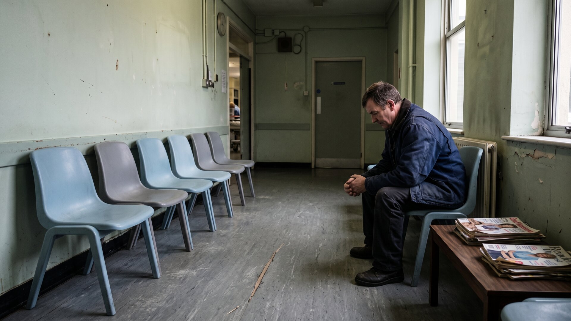 A clinic waiting area with one person seated at a distance, standing for the 94 patients in the second study who arrived with new or worsened conditions.