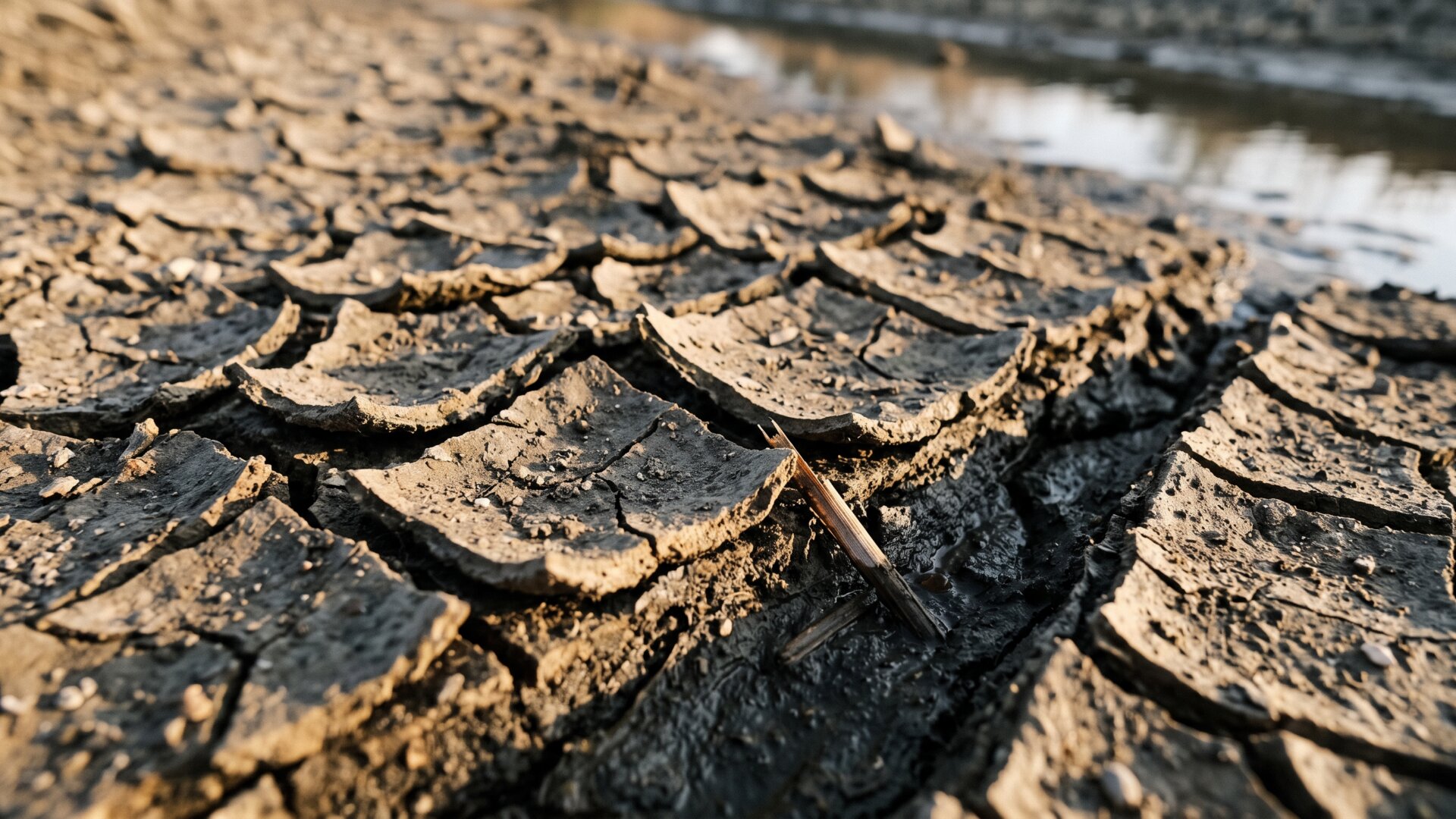 Macro of cracked dried clay at a riverbed edge, standing physically for the barrier damage and water loss described in this slide.
