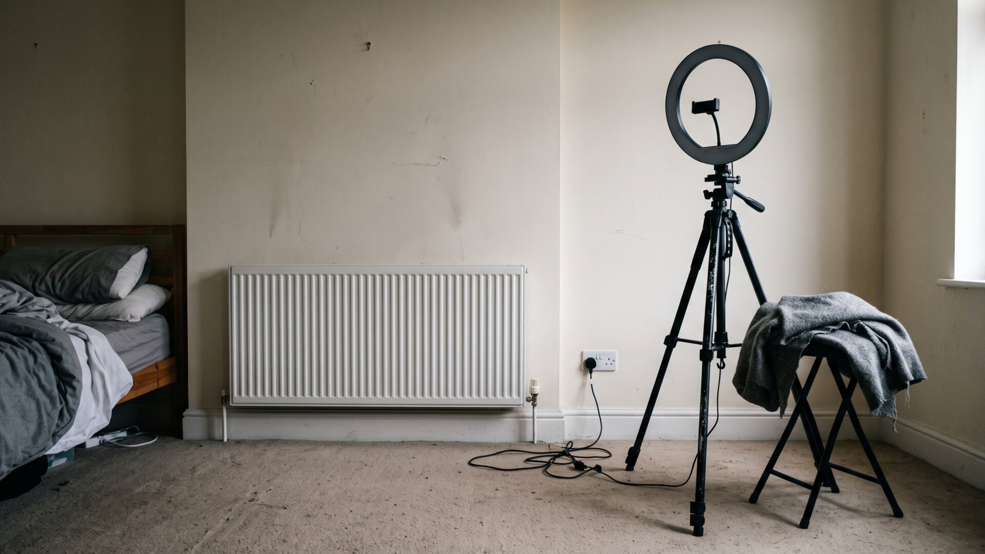 A ring light rig and tripod set up in a bedroom corner, standing for the influencer-made videos whose omissions this slide lists.