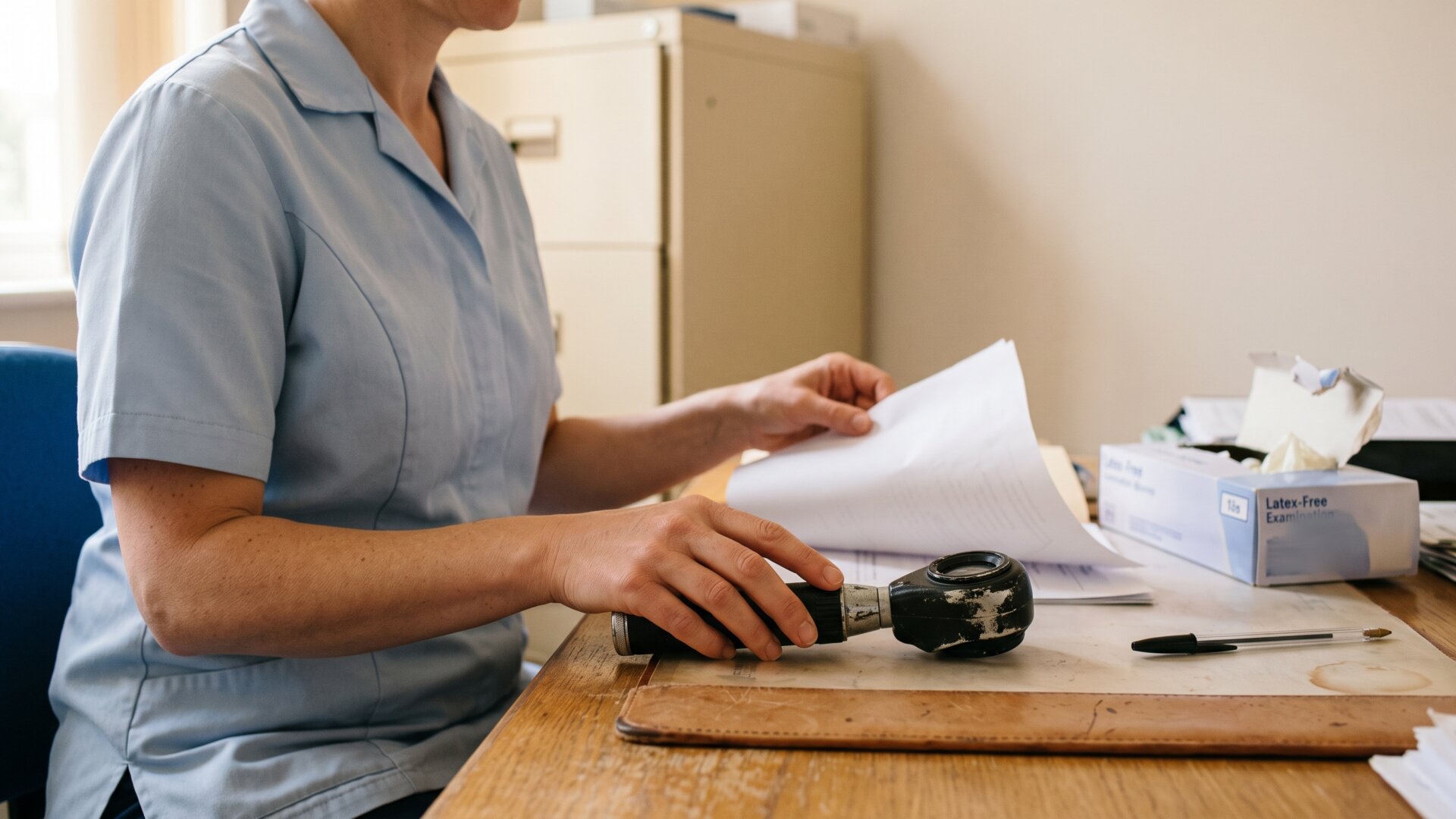 A consulting room desk with a dermatoscope and notes, standing for the dermatologist consultation both authors recommend.