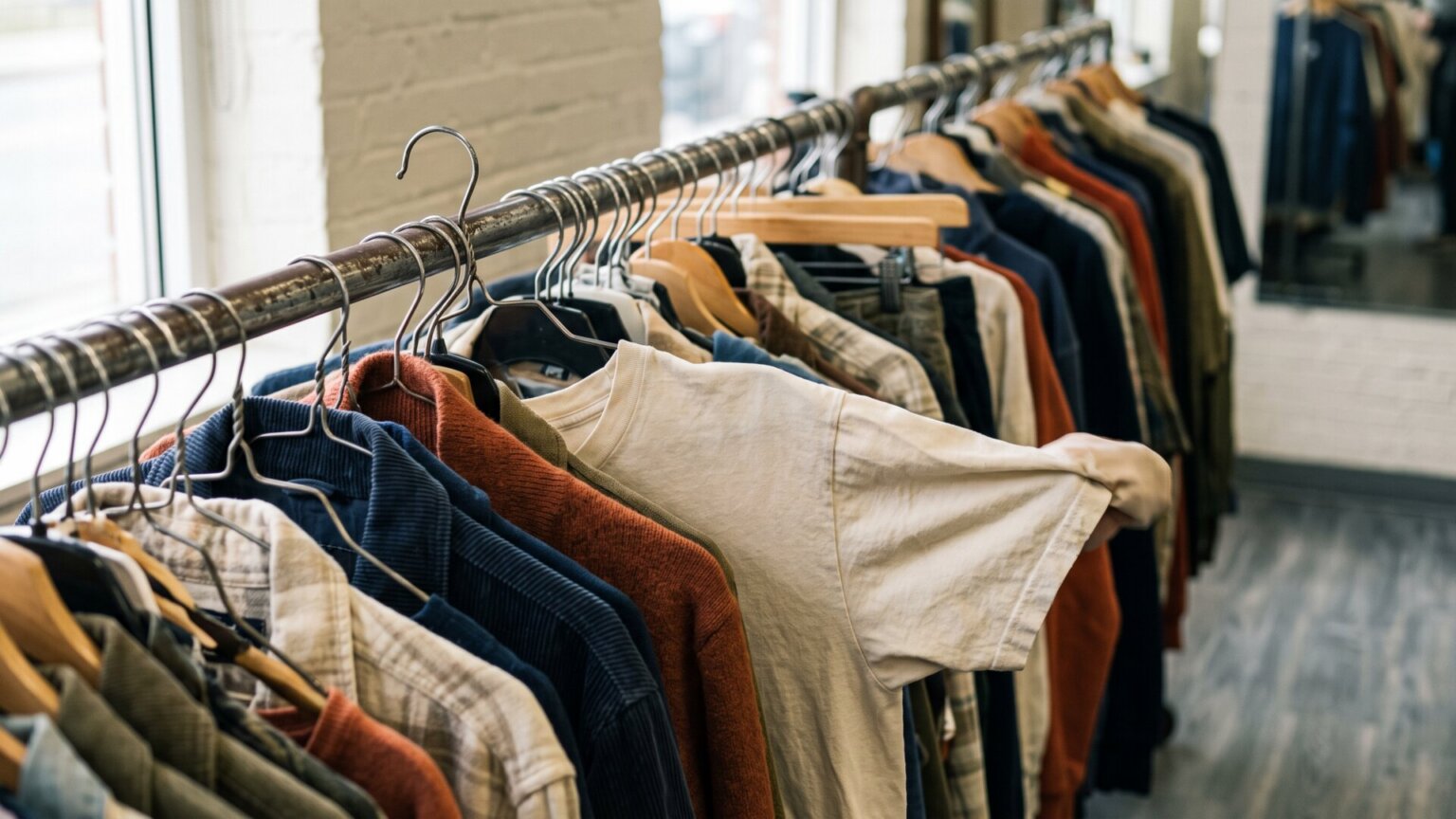A rack of used clothing on hangers in a resale shop, matching the slide's framing of secondhand buying as an ordinary, high-volume retail channel.