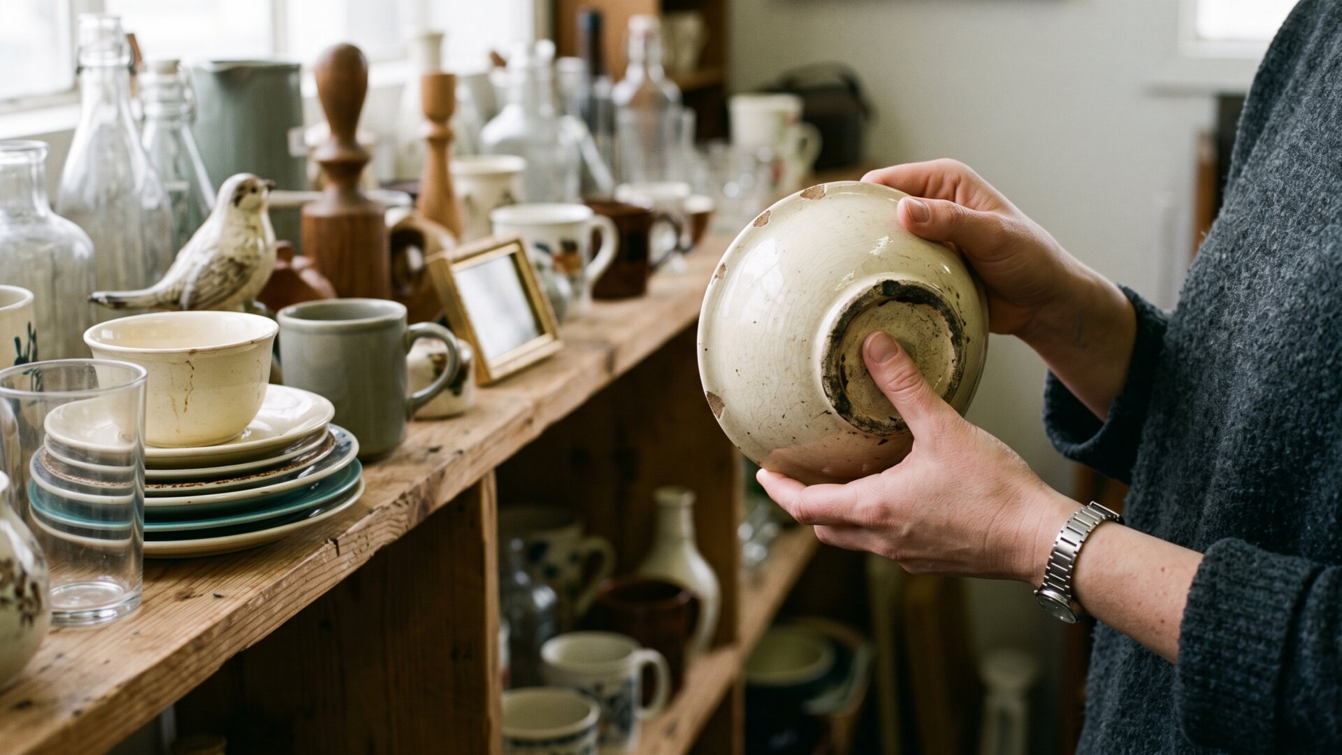 Hands weighing a used ceramic bowl against its price, standing in for the slide's split between saving money and other motives.