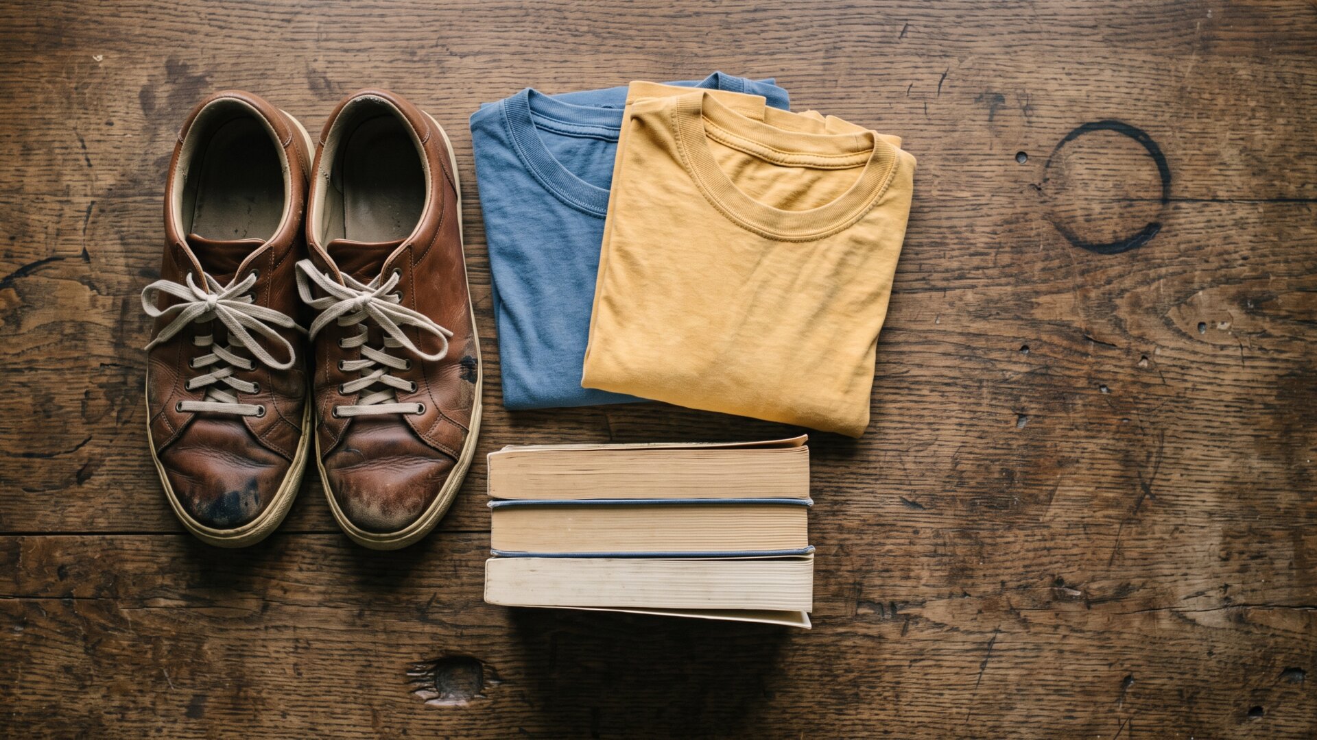 A still life of used shoes and folded garments, the three categories the slide names as shoppers' most-sought items.