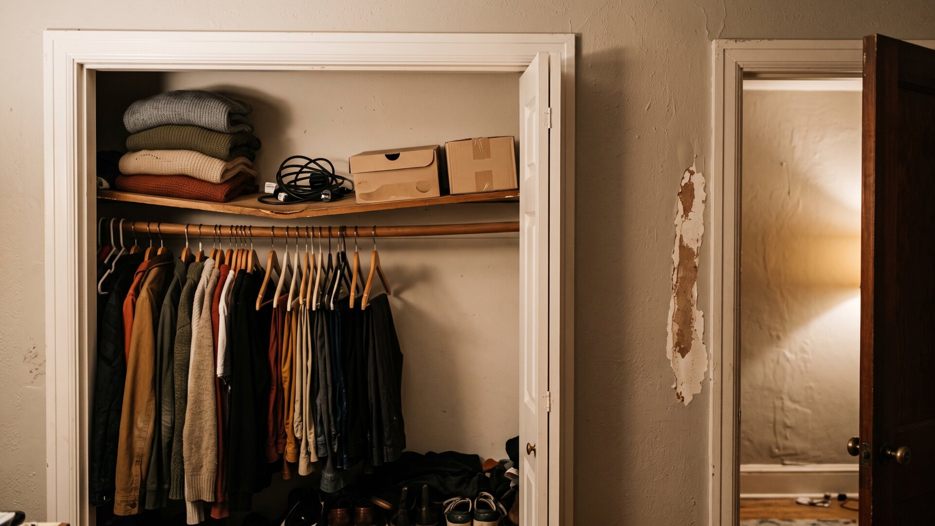 An ordinary closet shelf of stored belongings, matching the slide's reframing of household clutter as sellable inventory.