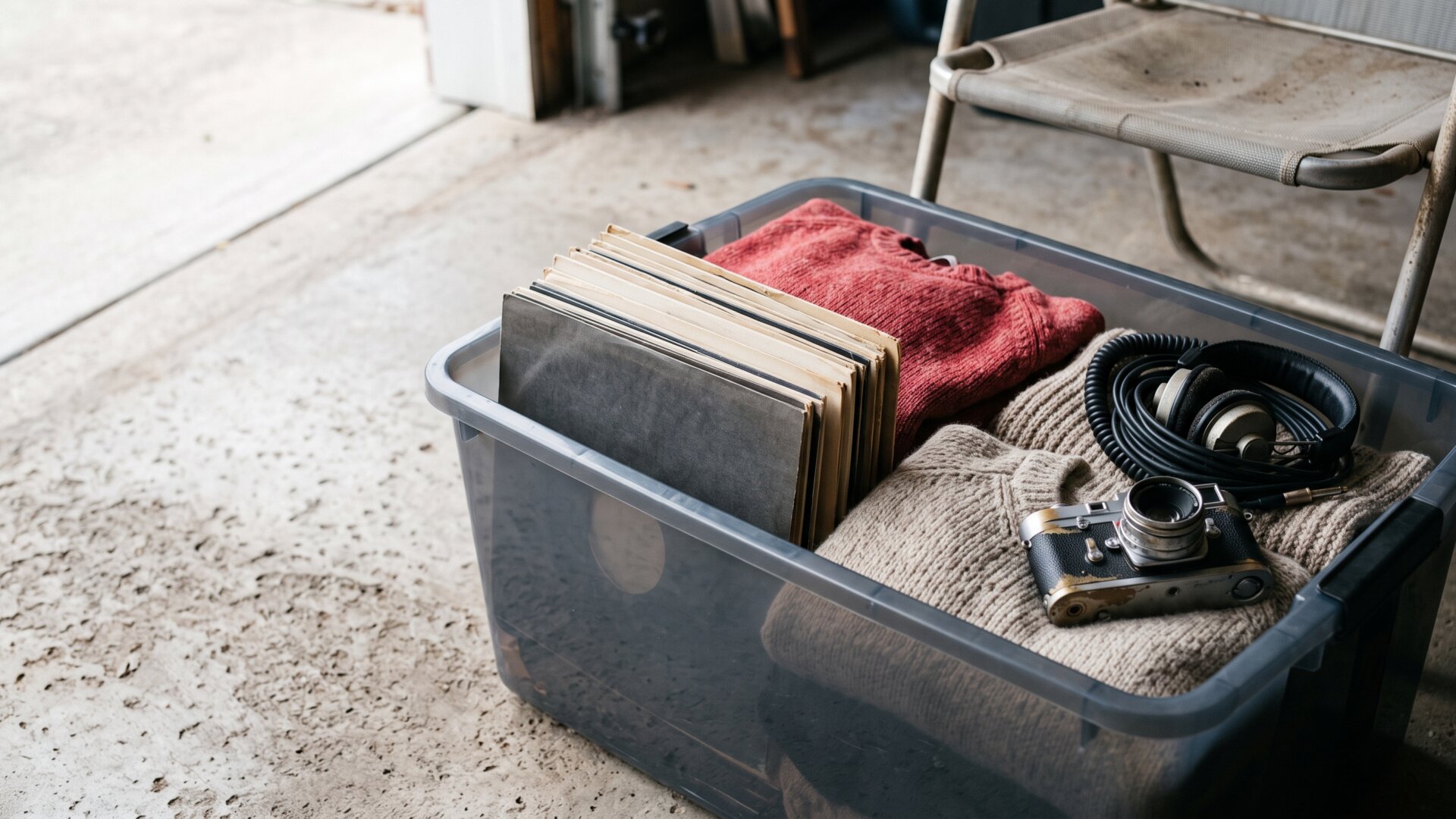 A storage crate holding both collectibles and clothing, a physical version of the slide's mismatch between what sellers list and what buyers want.