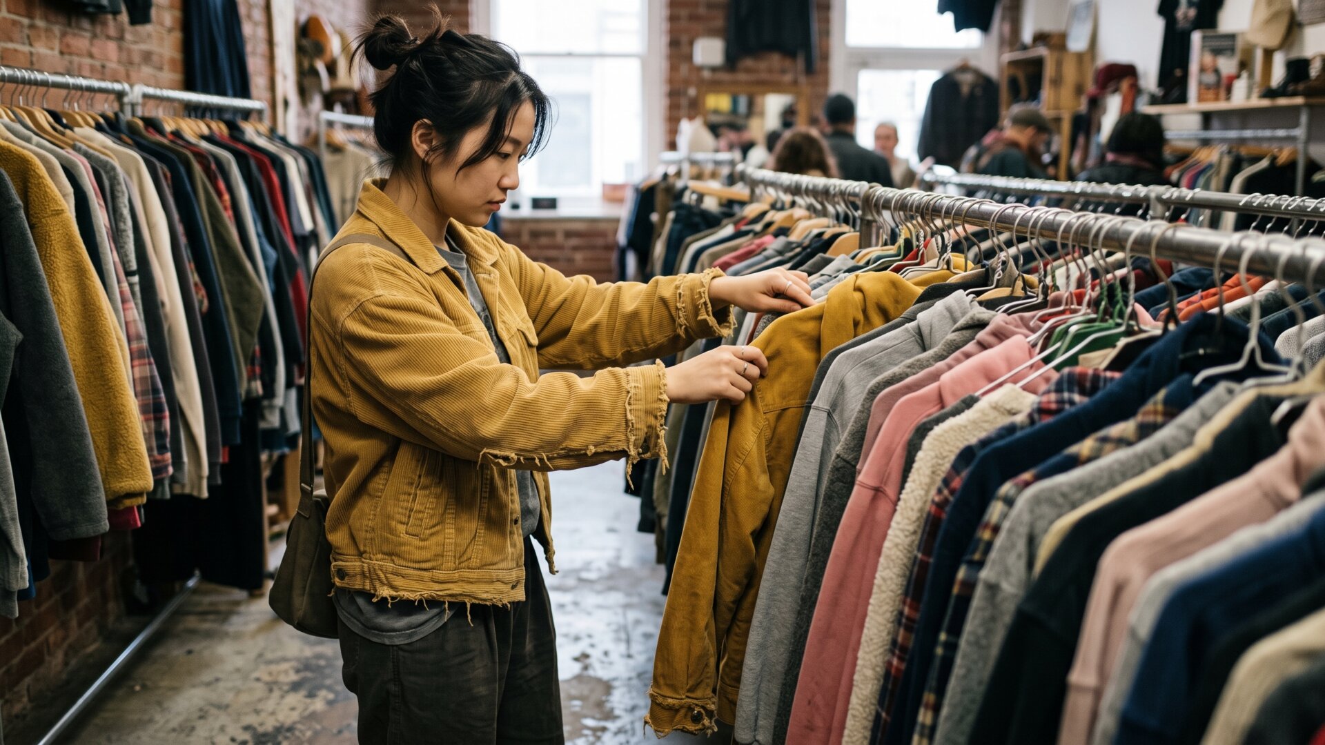A young shopper browsing a secondhand rail, matching the slide's finding on frequency among 18- to 29-year-olds.