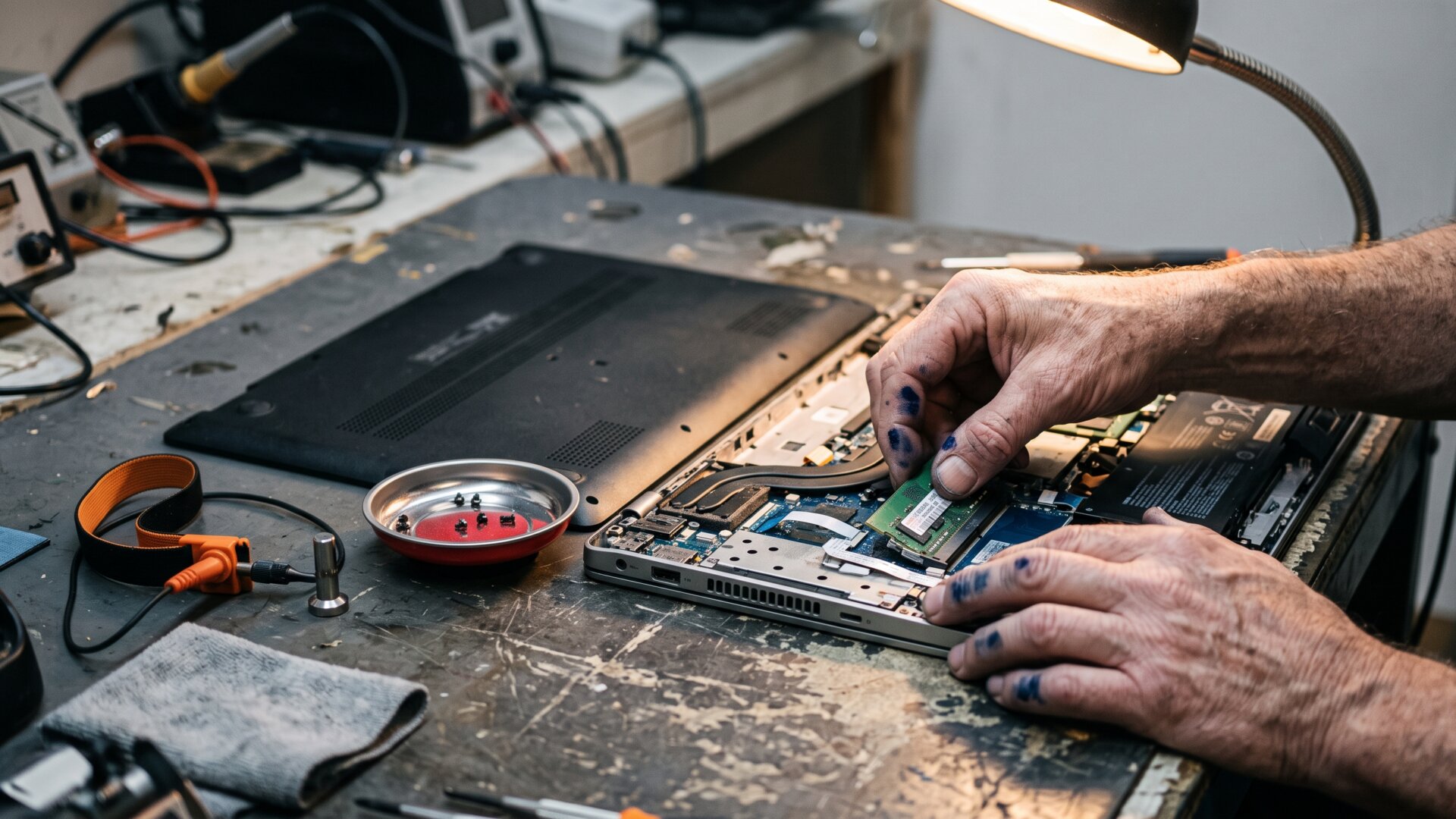 A refurbisher's workbench with a laptop mid-test, reflecting the slide's buyers who want near-new condition from used electronics.