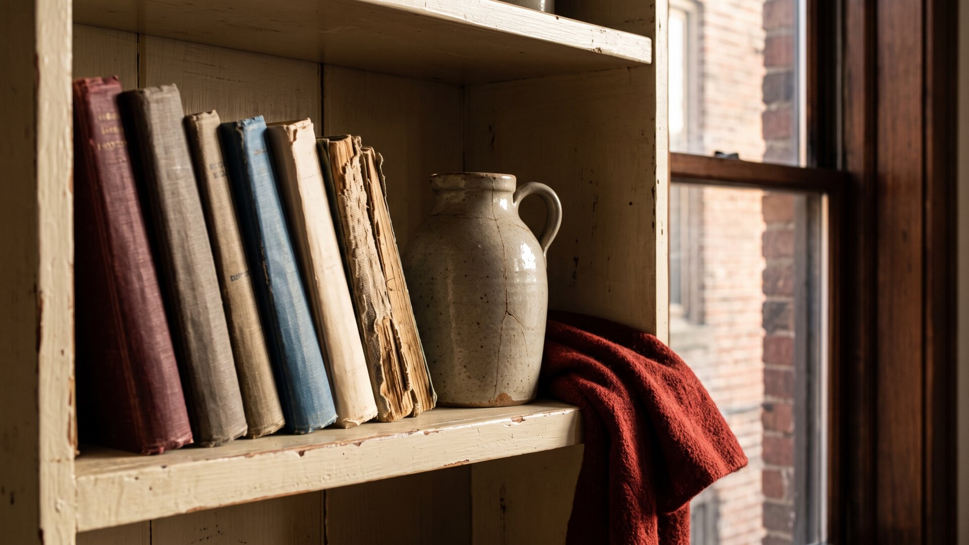 Used books and a vintage ceramic on a city apartment shelf, matching the slide's buyer who sources rare books, home goods and clothing secondhand.