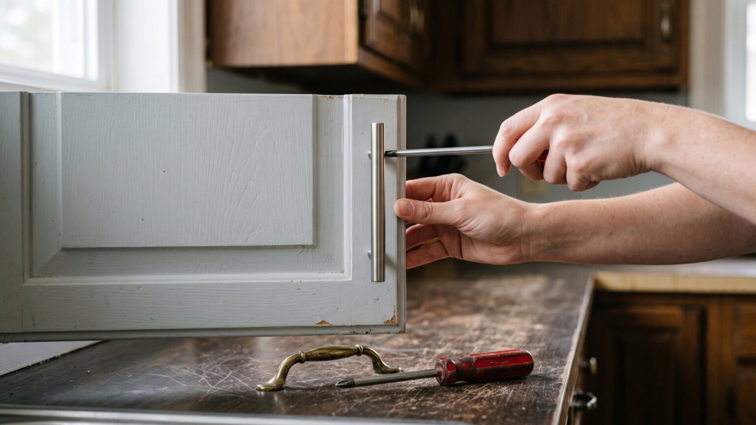 A tight shot of a worn kitchen cabinet with a newly swapped handle beside older hardware, matching the article's core image of small fixes replacing full remodels.