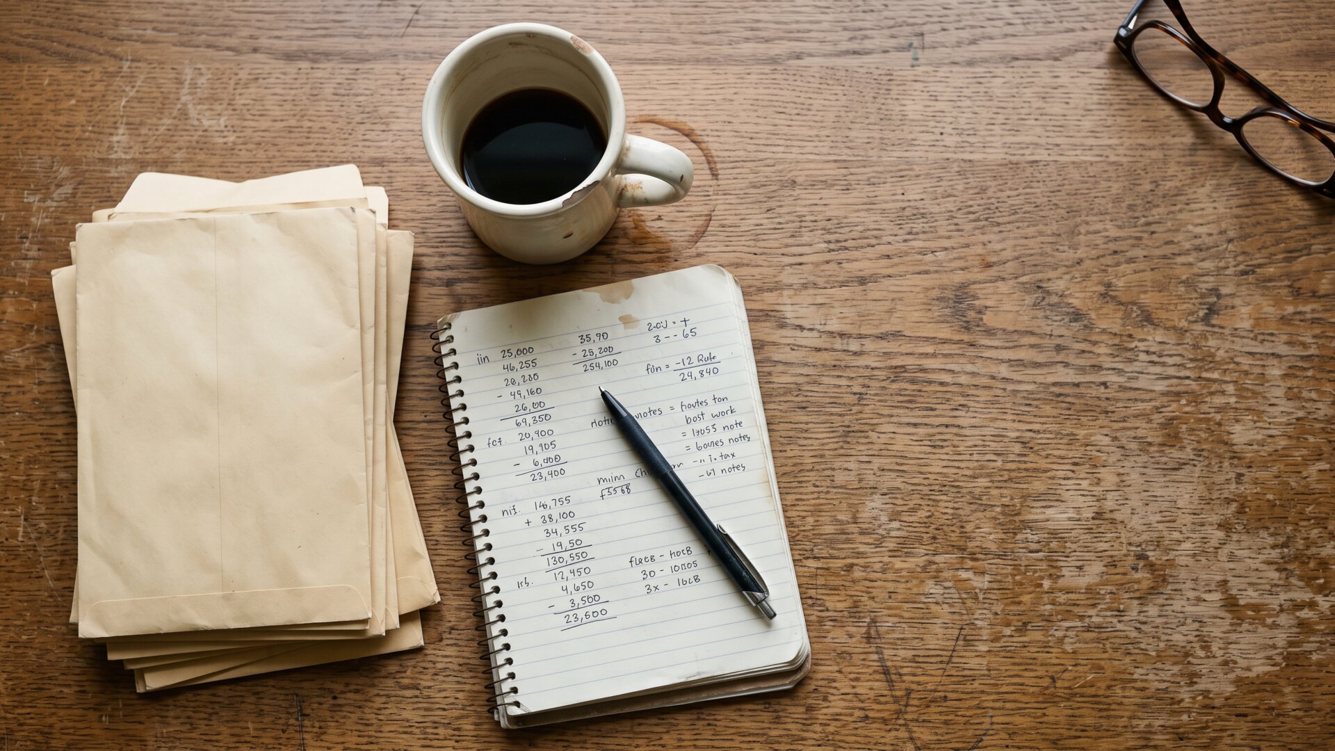 An arranged still life of unopened mail and a household ledger on a kitchen table, standing in for equity borrowed to cover ordinary bills rather than renovations.