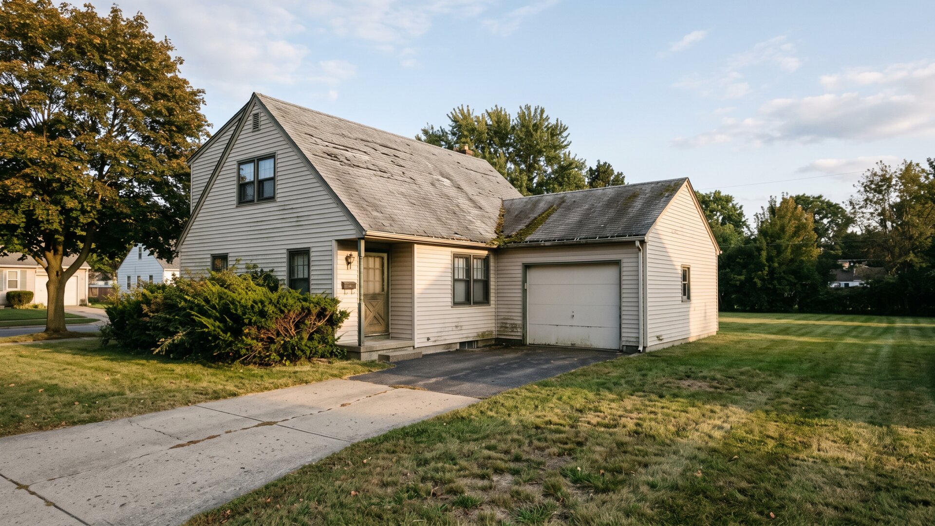 A wide exterior of an ordinary older suburban house with a visibly aging roof, matching the slide's point about a below-market loan anchoring owners in place.