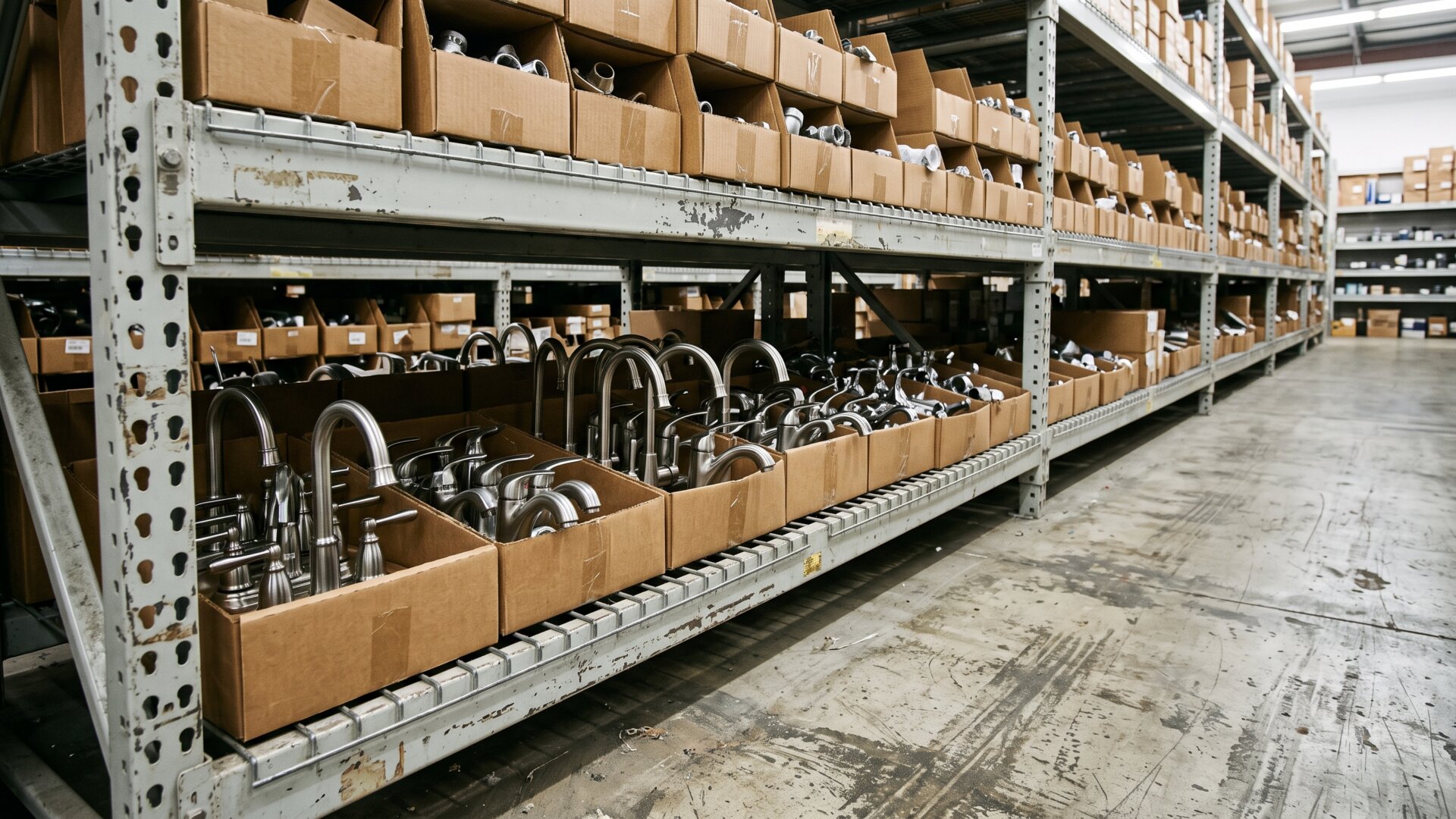 A home improvement aisle shelf stocked with plumbing fixtures, reflecting the slide's comparison of expensive and inexpensive purchases.