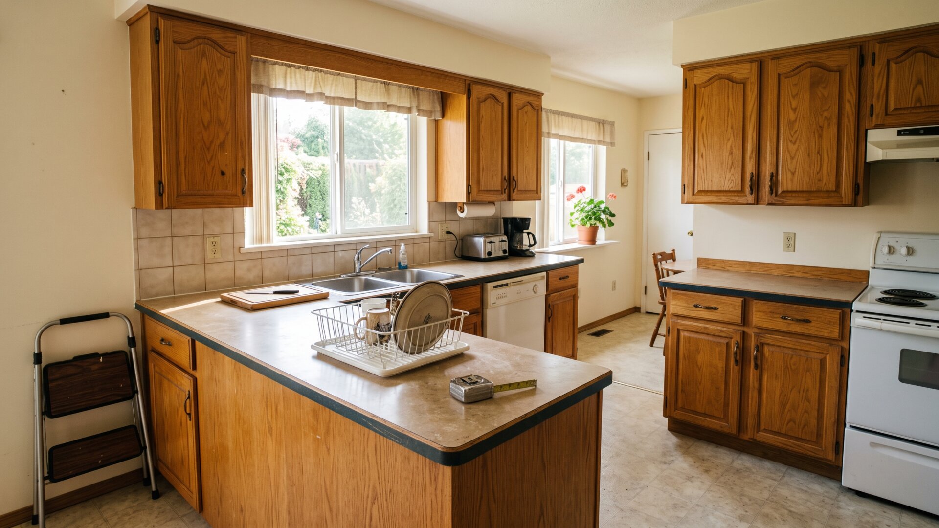 A dated kitchen photographed mid-morning with nothing being worked on, matching the professor's decision to postpone his remodel.