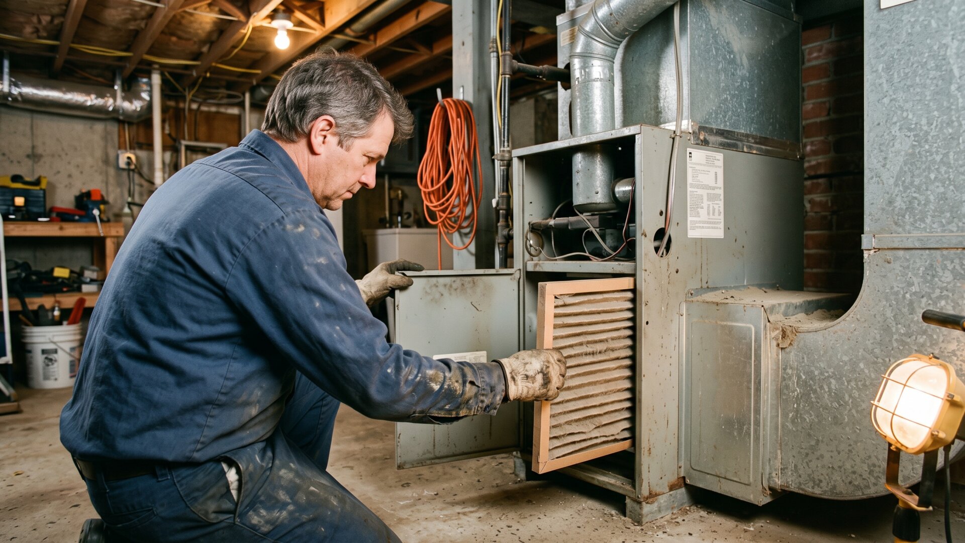 Hands servicing a residential furnace, matching the slide's example of maintenance substituted for renovation.