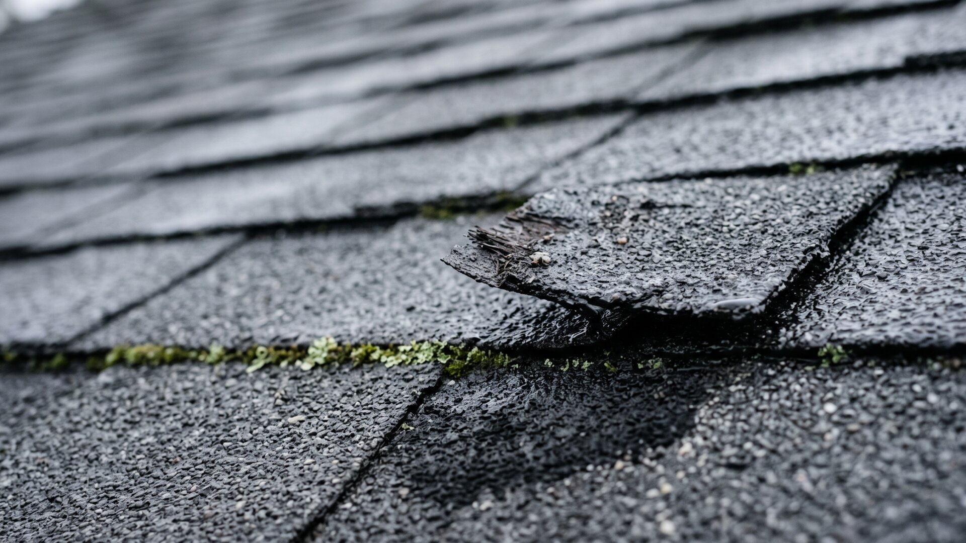 A close macro of weathered roof shingles with a lifted edge, matching the warning about deferred structural work and weather exposure.