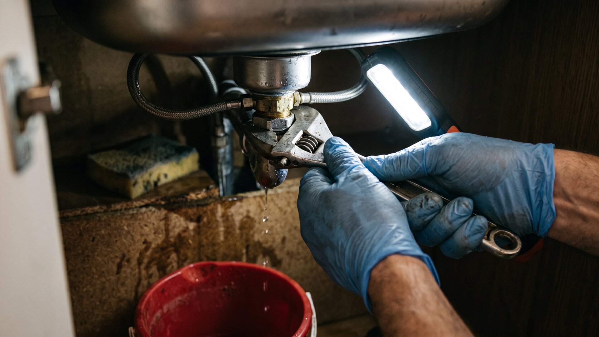 A kitchen faucet mid-installation under a sink, matching the slide's point that small necessary purchases held steady.
