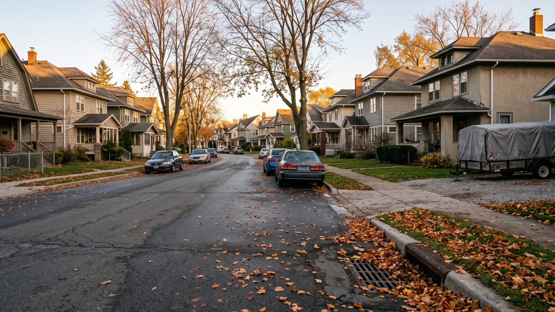 A wide residential street of similar-era homes with no sale signs, matching the slide's point about both sales and renovations slowing together.