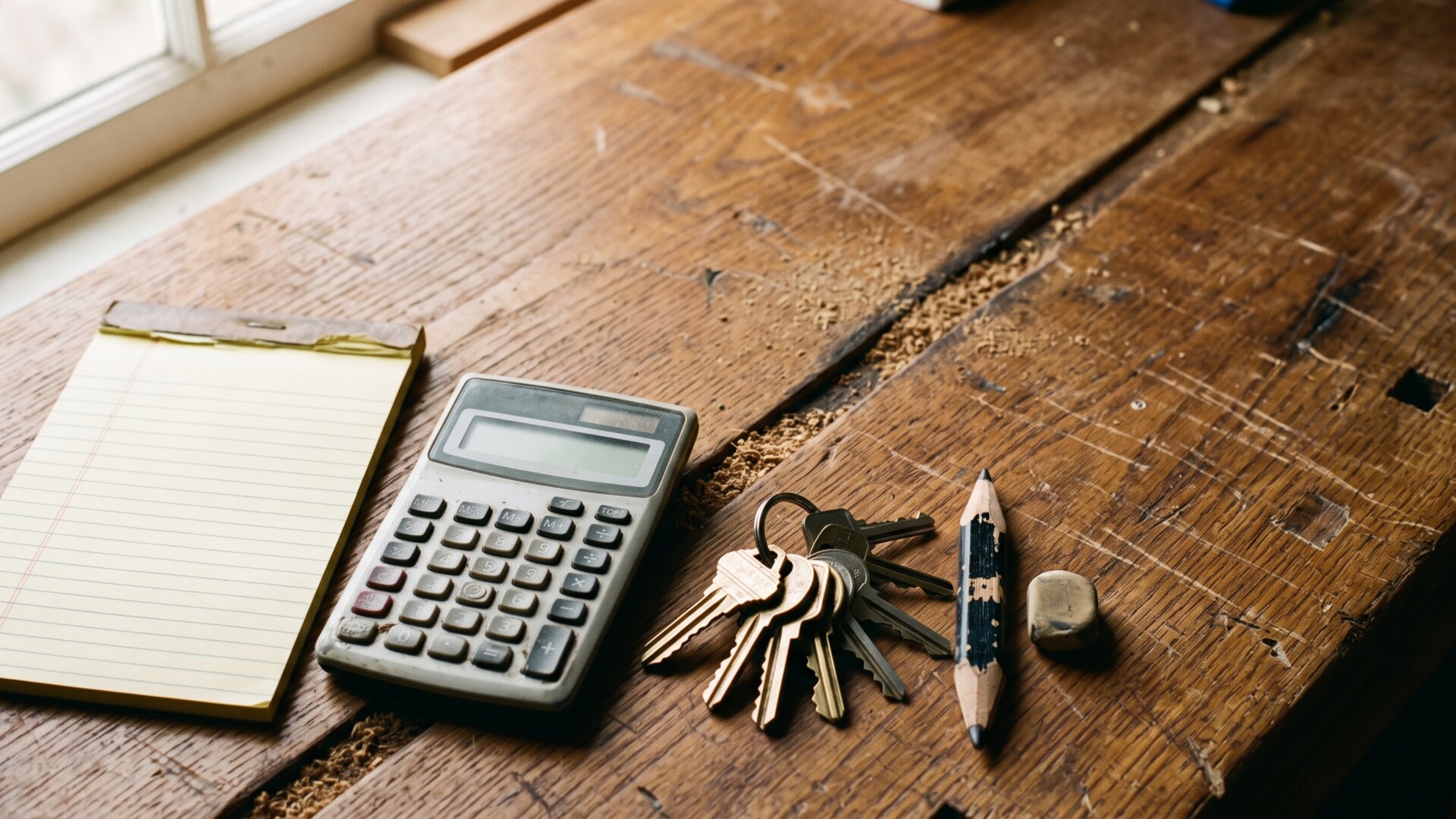 A still life of a maintenance estimate pad, calculator and house keys, matching the closing suggestion to price deferred repairs now.