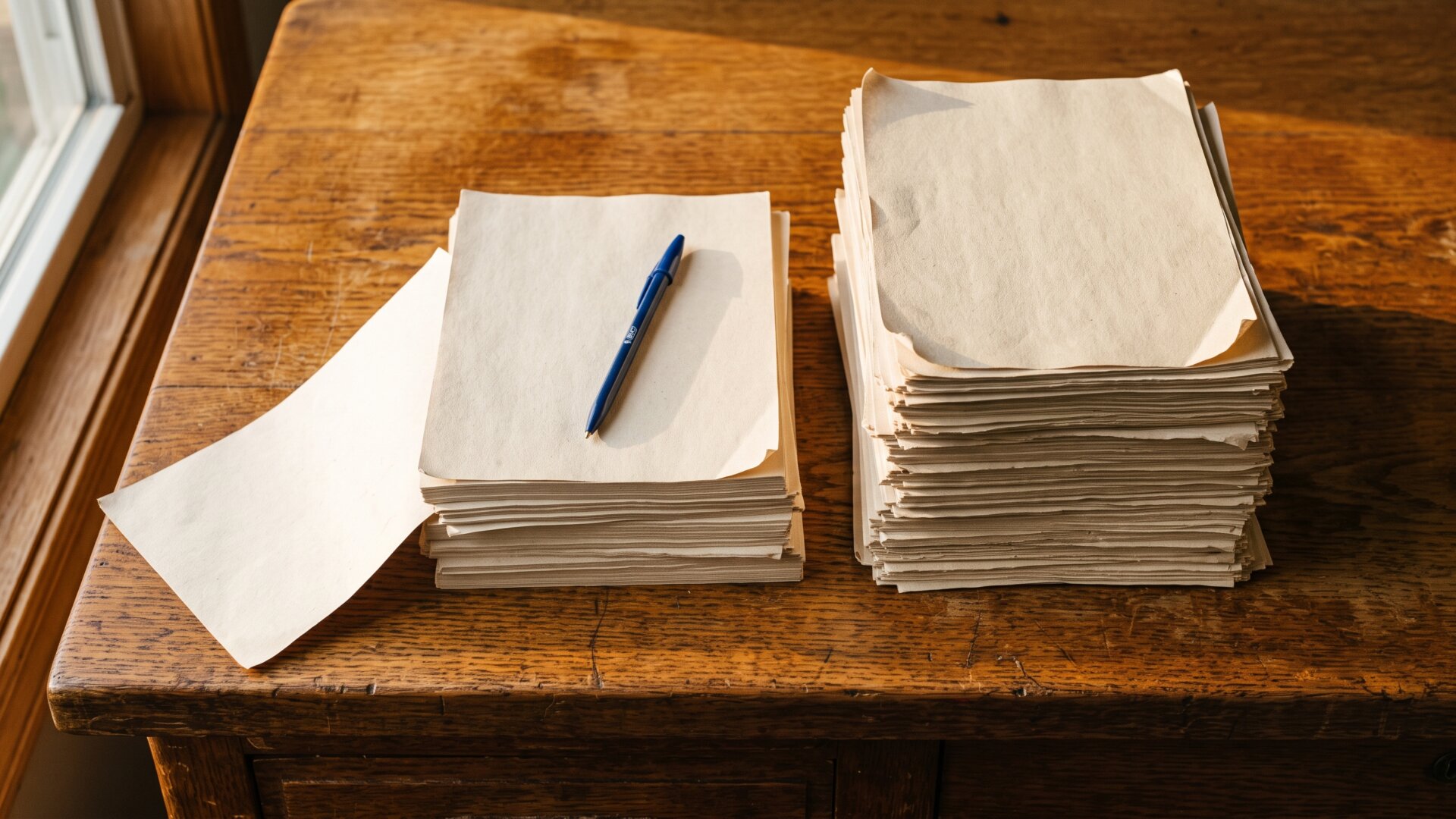 Two unequal stacks of paper on a desk, a physical stand-in for the weighing of acceptance against refusal described in slide 2.