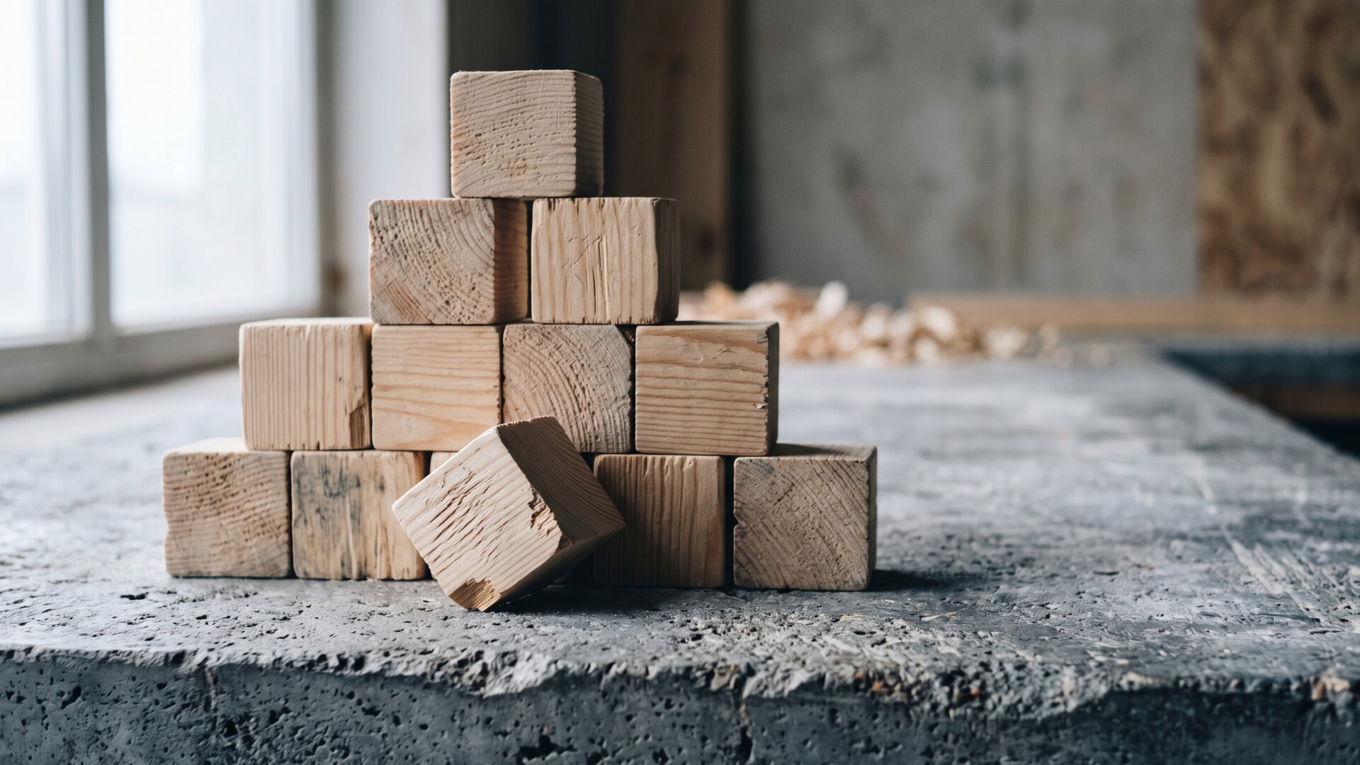 A hierarchical arrangement of wooden blocks on a plain surface, representing the deepening org chart described as the dry promotion mechanism in slide 3.