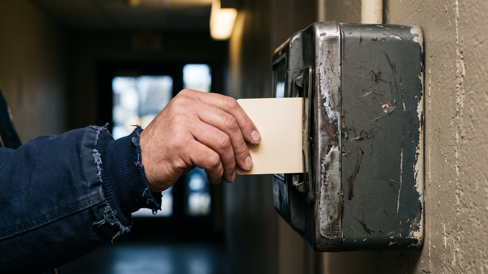 A hand punching a mechanical time clock, tied to the overtime classification question raised in slide 5.