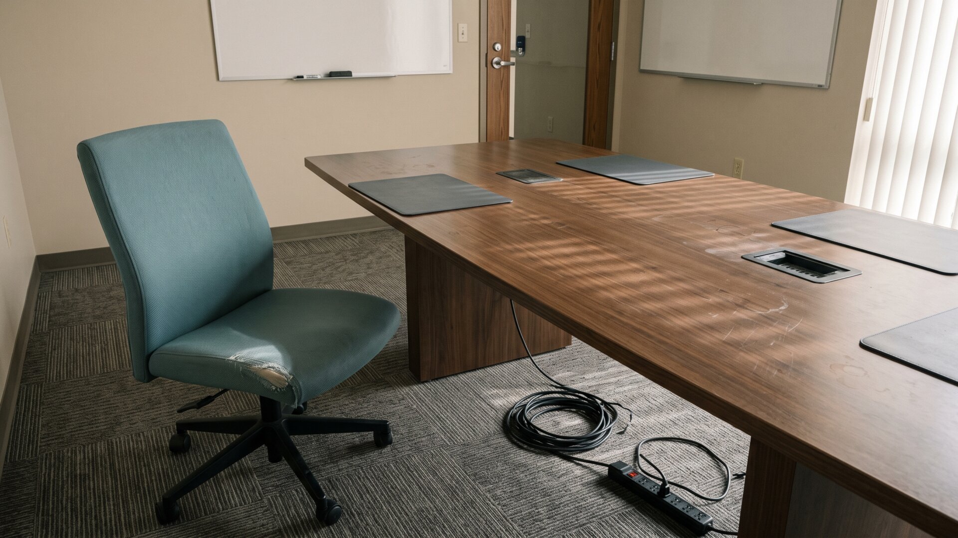 An empty chair pushed back from a meeting table, the room after the reaction described in slide 7.