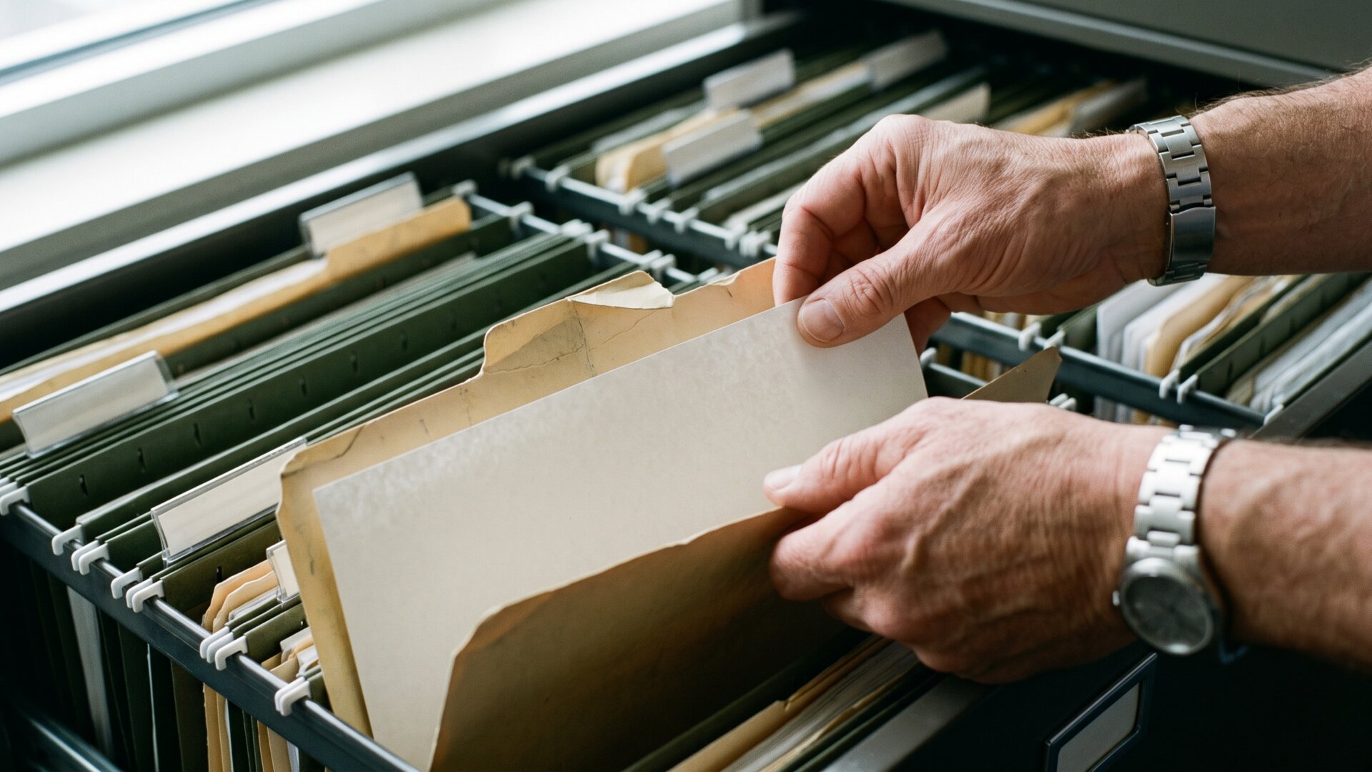 Hands filing a sheet into a manila folder, matching the written-record practice recommended in slide 8.