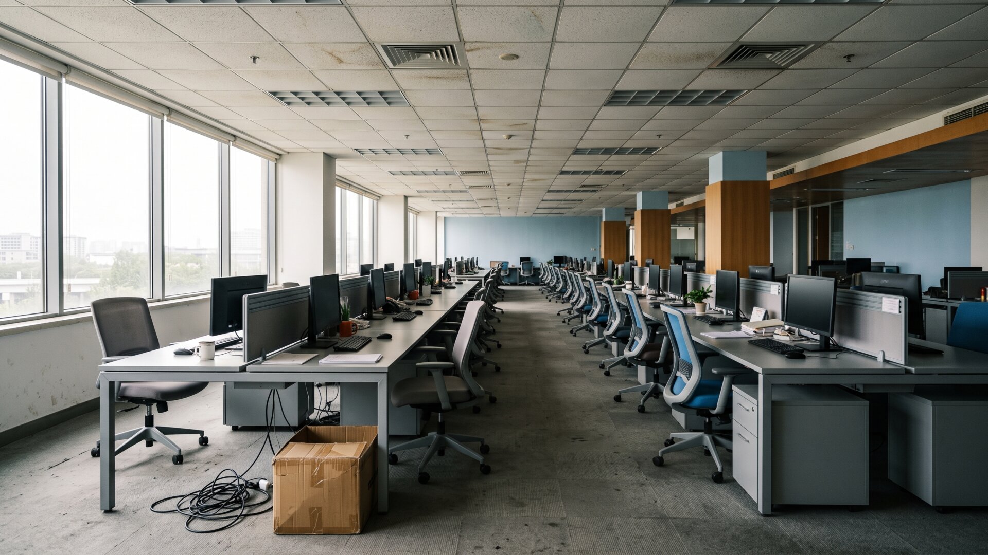 Rows of identical desks seen from across an office floor, the structural pay layer discussed in slide 9 shown as physical hierarchy.