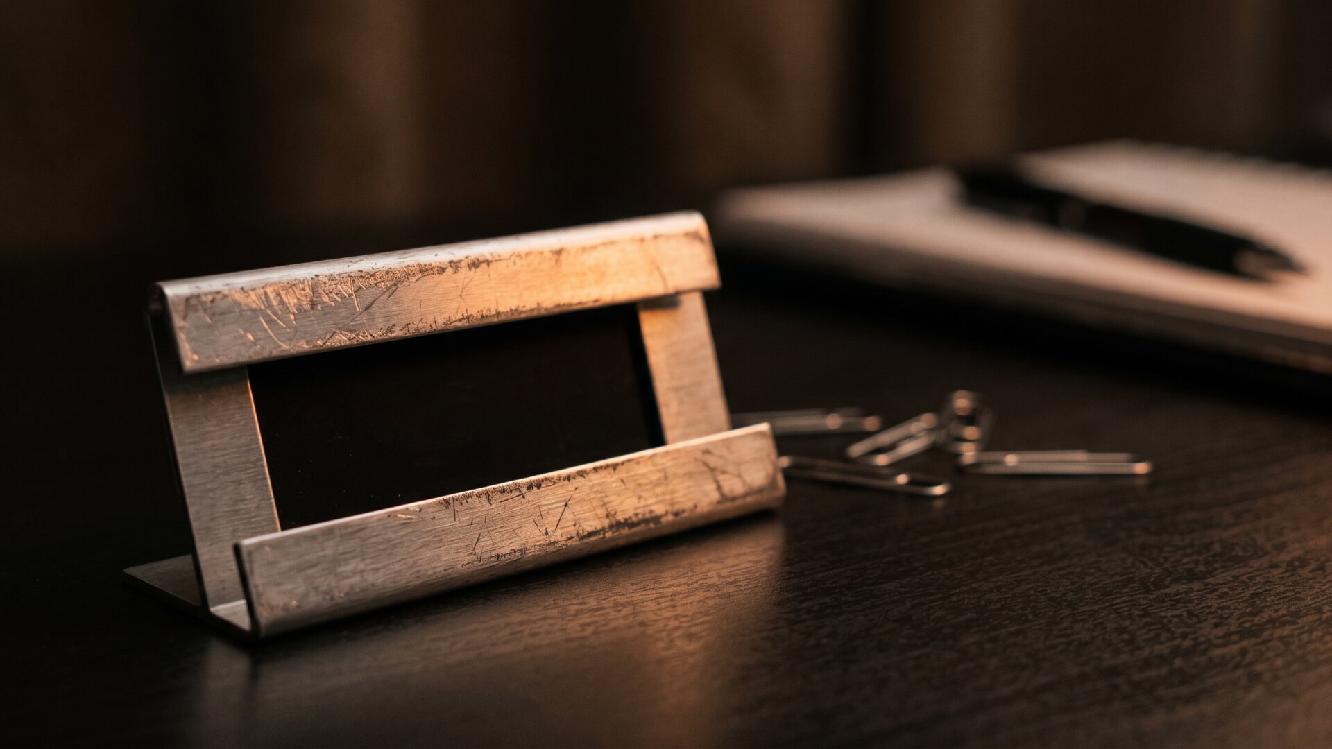 A single office nameplate holder left blank on a desk, the unaccepted title at the center of slide 10.
