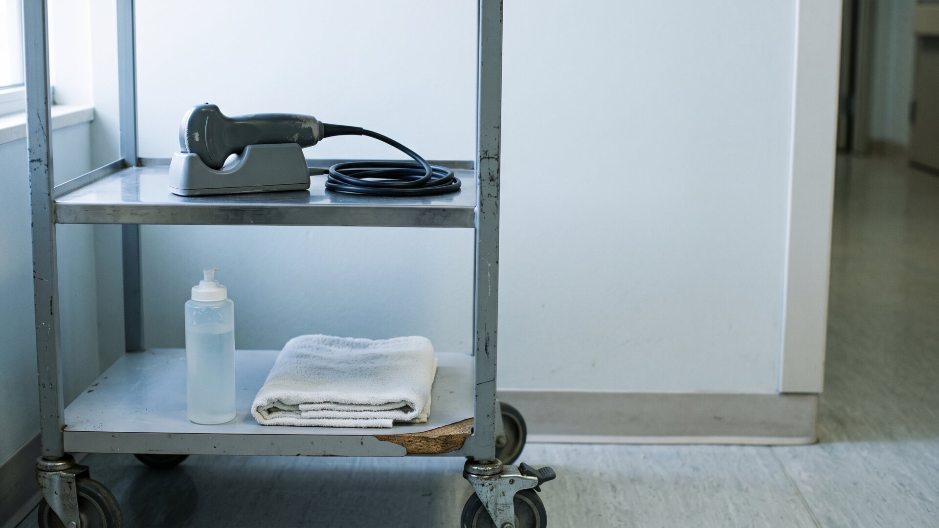 An ultrasound probe resting on a clinic cart with gel bottle and folded towel, the equipment used in the appointment where endometriosis was ruled out on slide 2.