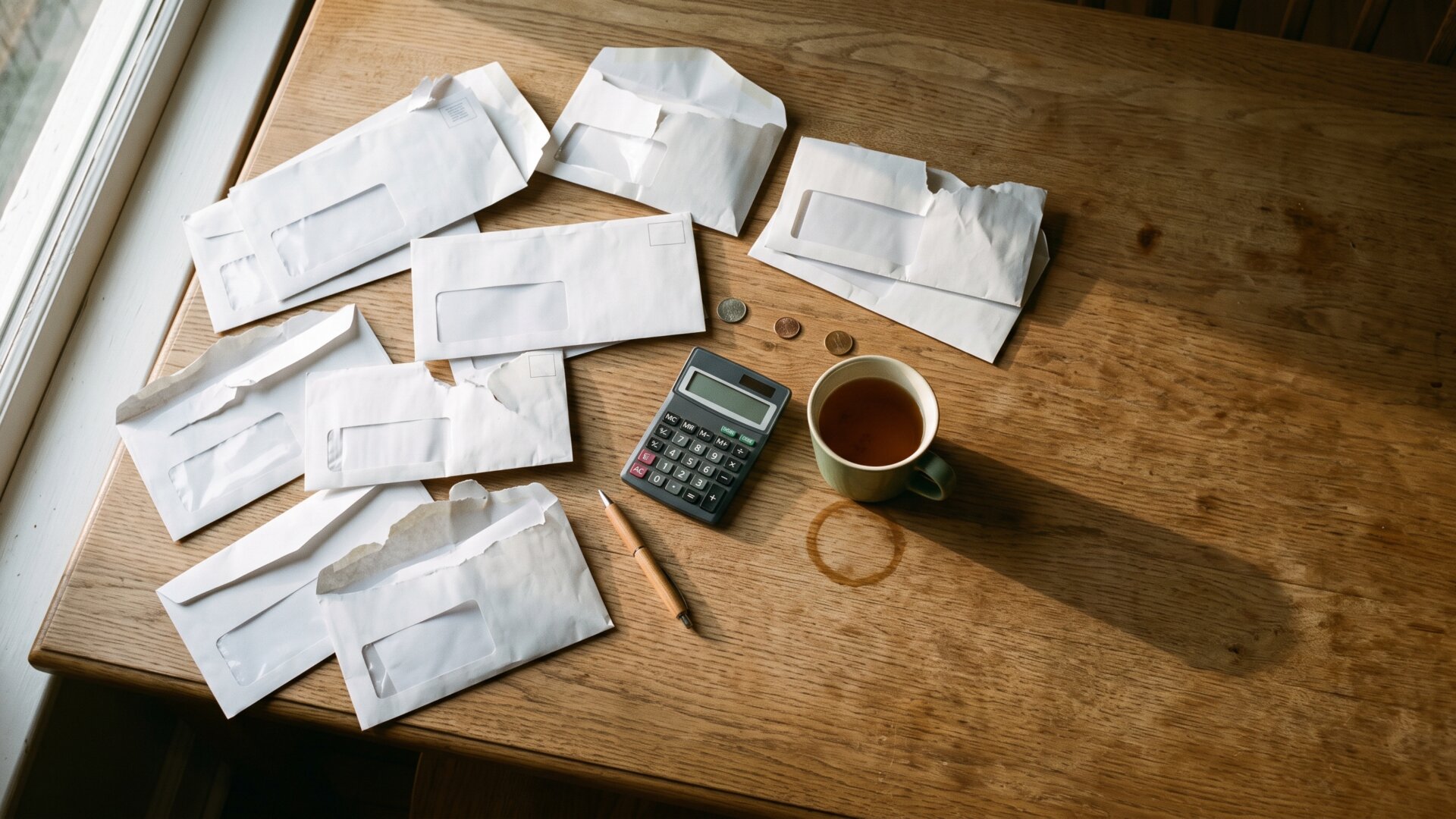 A kitchen table covered in opened medical billing envelopes and a calculator, standing in for the $15,000 year of testing and appointments described on slide 4.