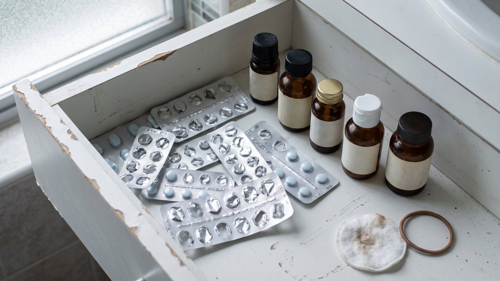 Empty and partly used prescription blister packs and bottles in a bathroom drawer, representing the dozen antibiotics listed on slide 5.