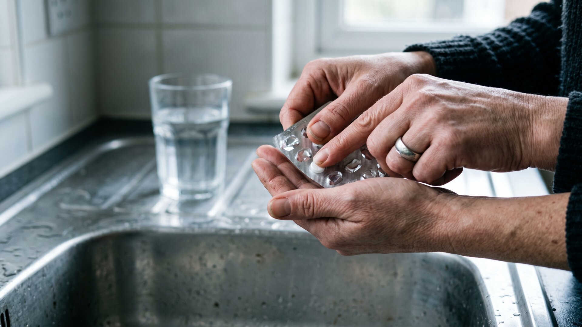 Hands breaking open a foil blister pack over a sink, the recurring two-week cycle of temporary relief described on slide 6.