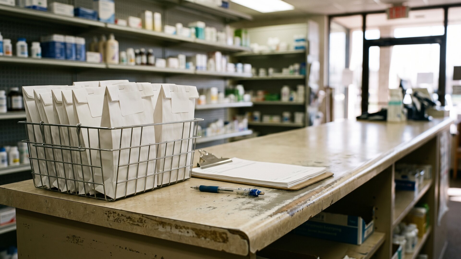 A clinic pharmacy counter mid-shift with a pickup basket and loose paperwork, the ordinary prescribing setting behind slide 7's disparity figures.
