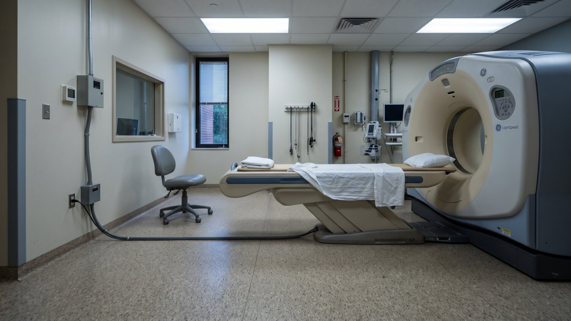 A wide view of an empty imaging suite with a CT scanner, the scan on slide 8 that found a cyst and led nowhere.