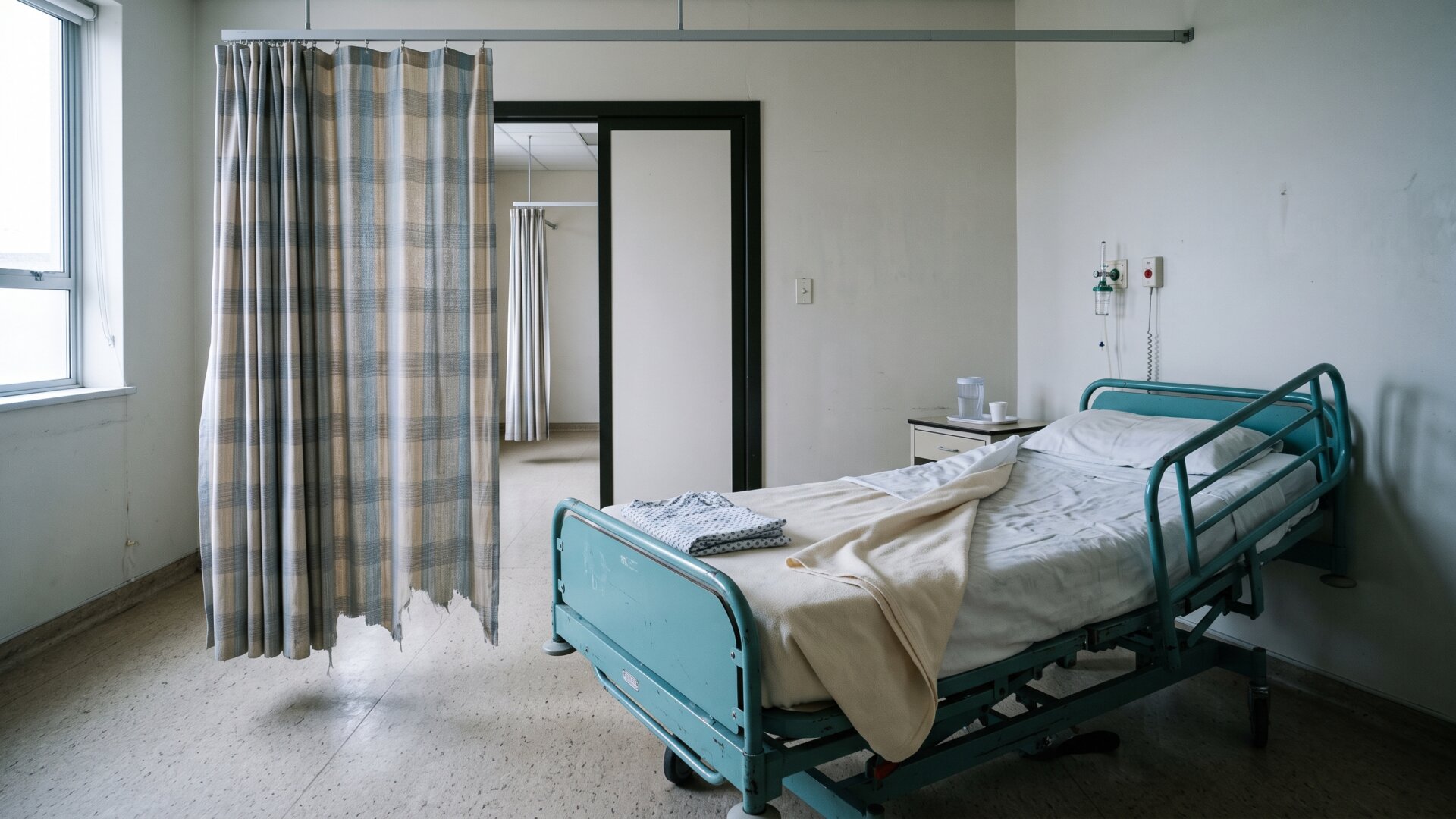 An empty post-surgical recovery bay with a folded gown and raised side rail, matching slide 9's discussion of a staged disease and the likelihood of repeat surgery.