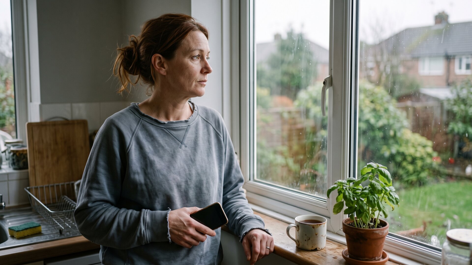A woman at a kitchen window holding a phone loosely at her side, the moment on slide 10 when messages from other women began arriving.