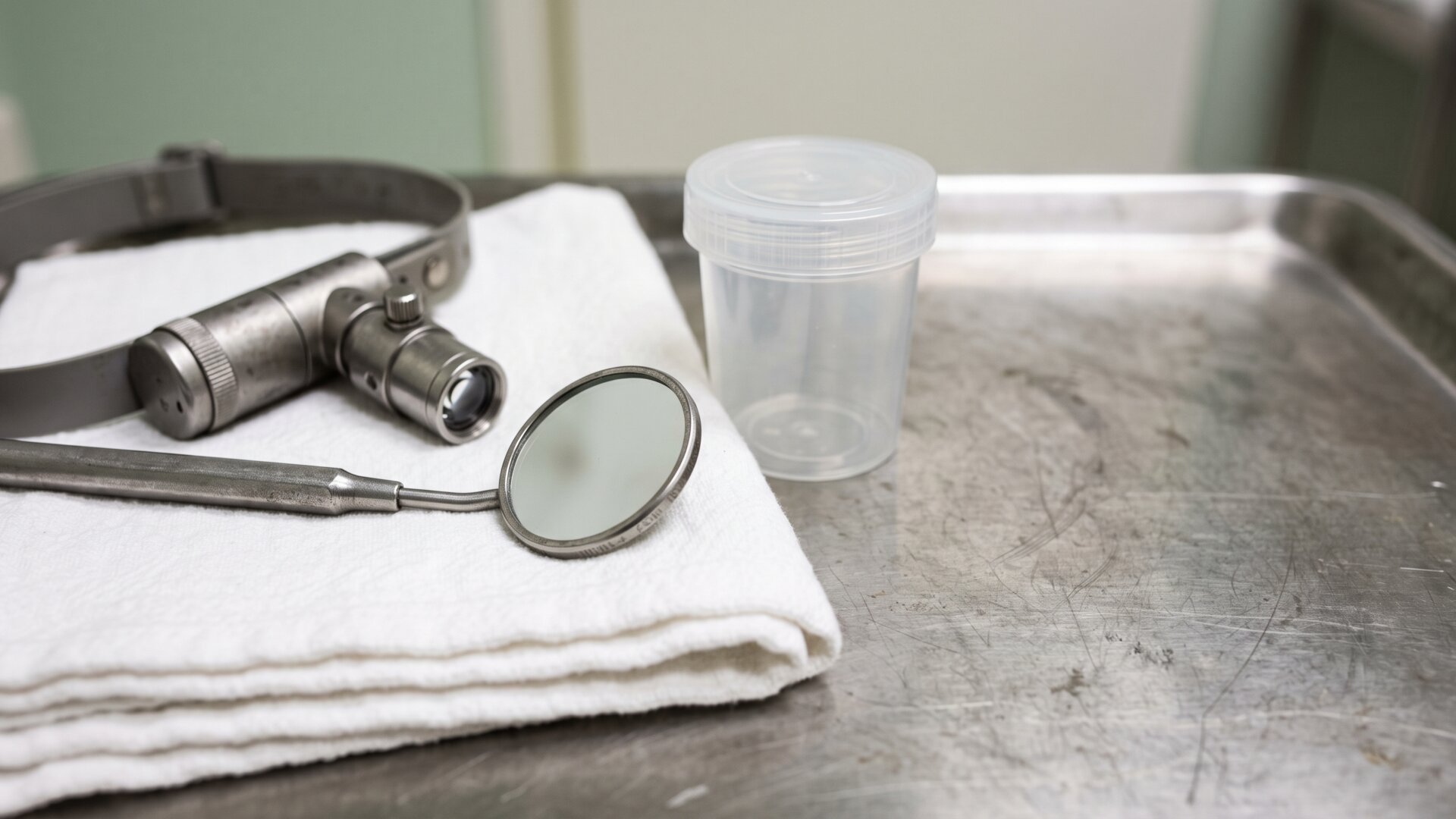A clinician's examination setup for the throat, illustrating the anatomy Dr. Hrelec describes without rendering her or any patient.
