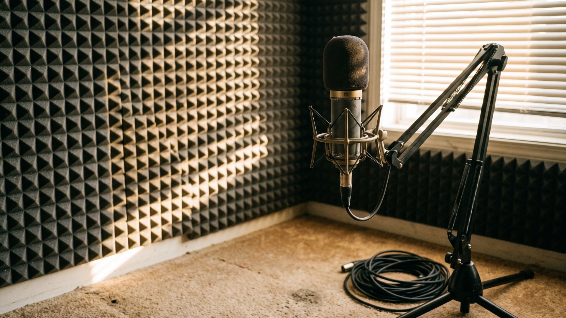 A studio vocal microphone standing unused in an empty room, a quiet stand-in for a working voice that will not be apologized for.