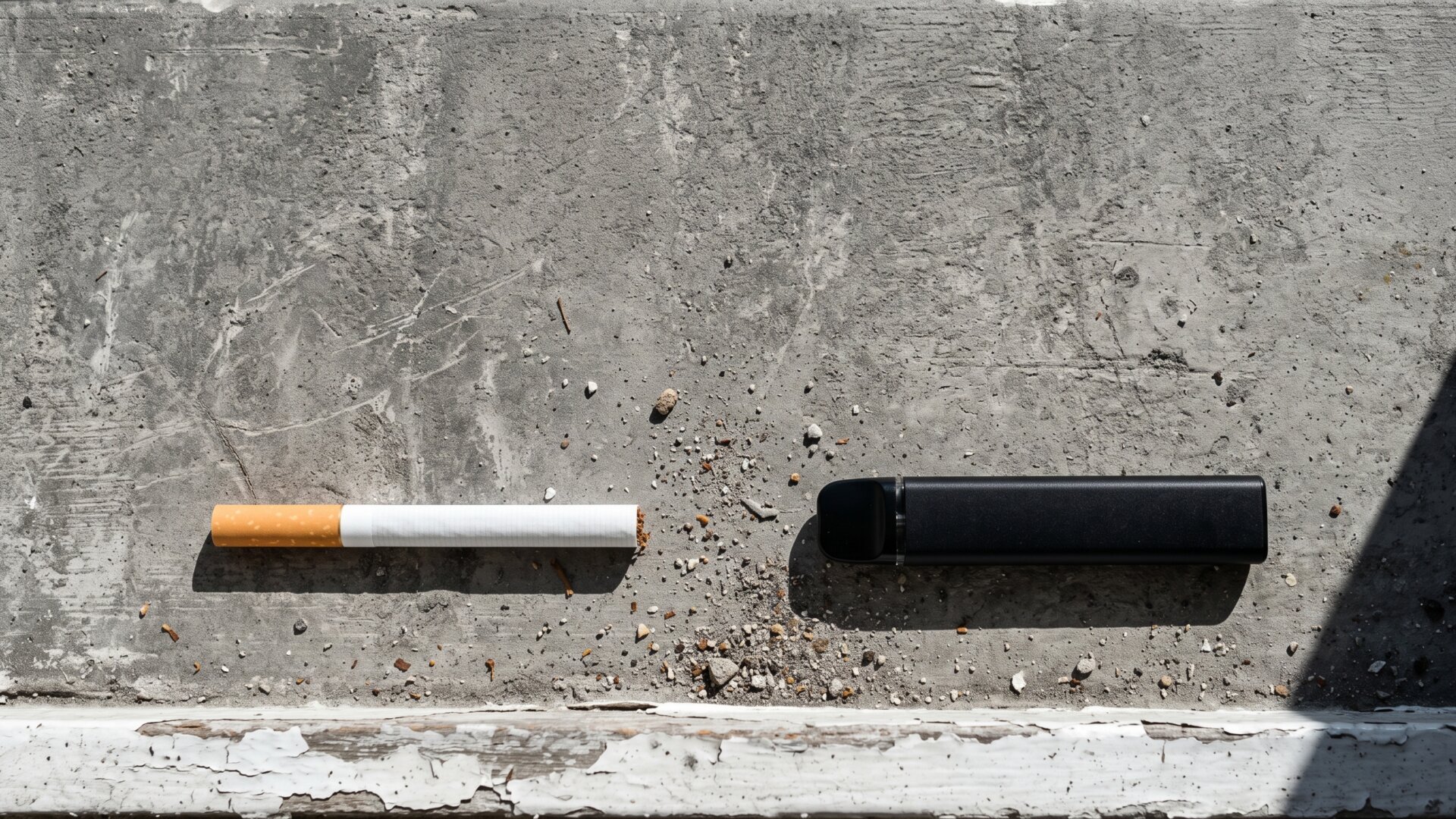 A cigarette and a vape device side by side on a bare surface, representing the comparison argument the Reddit thread kept circling.